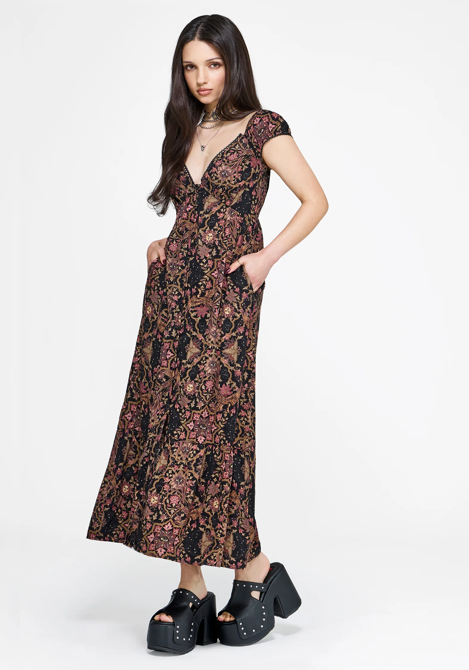Mythos Druck Milkmaid Rüsche Midaxi Kleid - Image 7