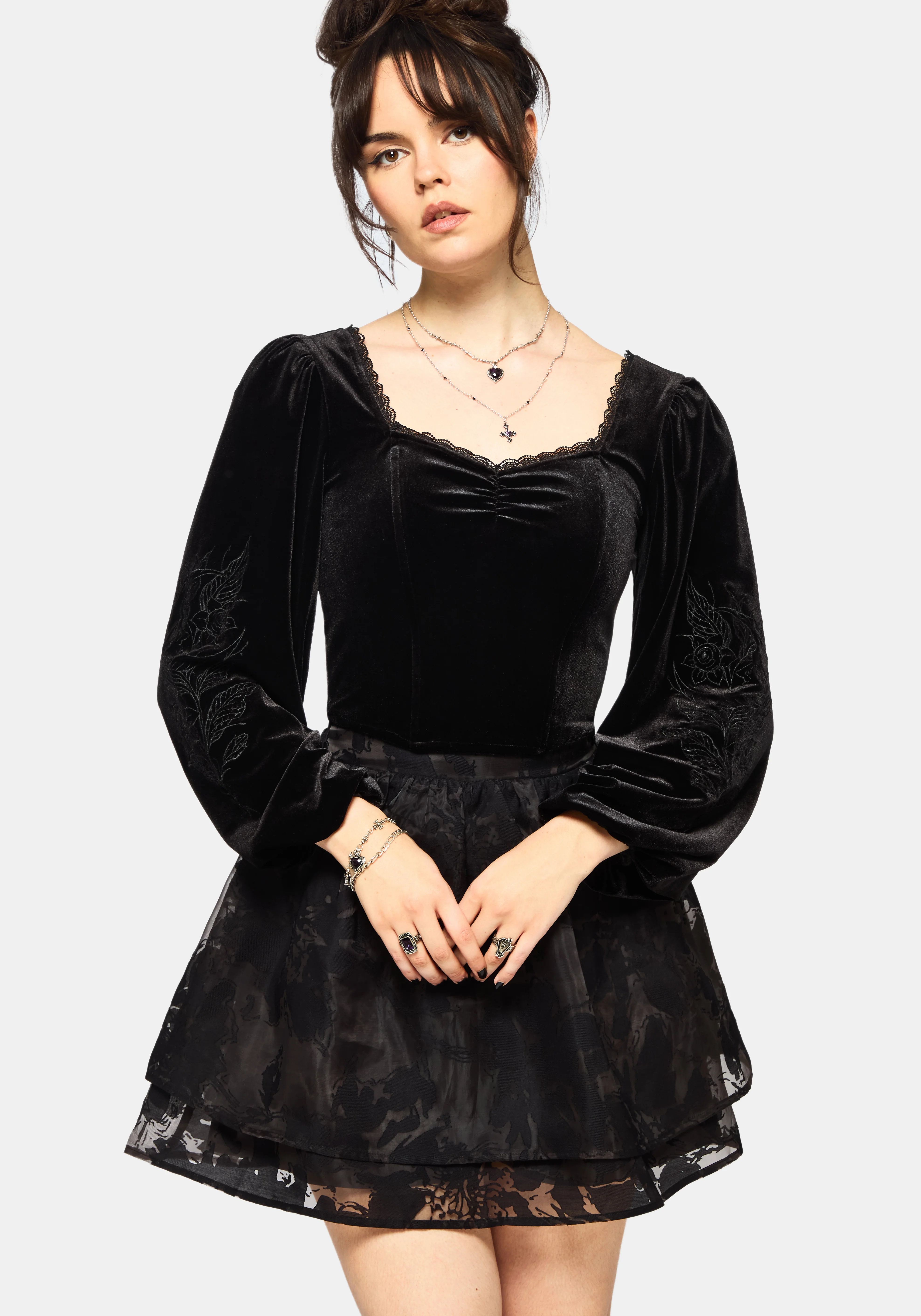 Nelle Velours Bestickt Puffärmel Ärmel Korsett Top