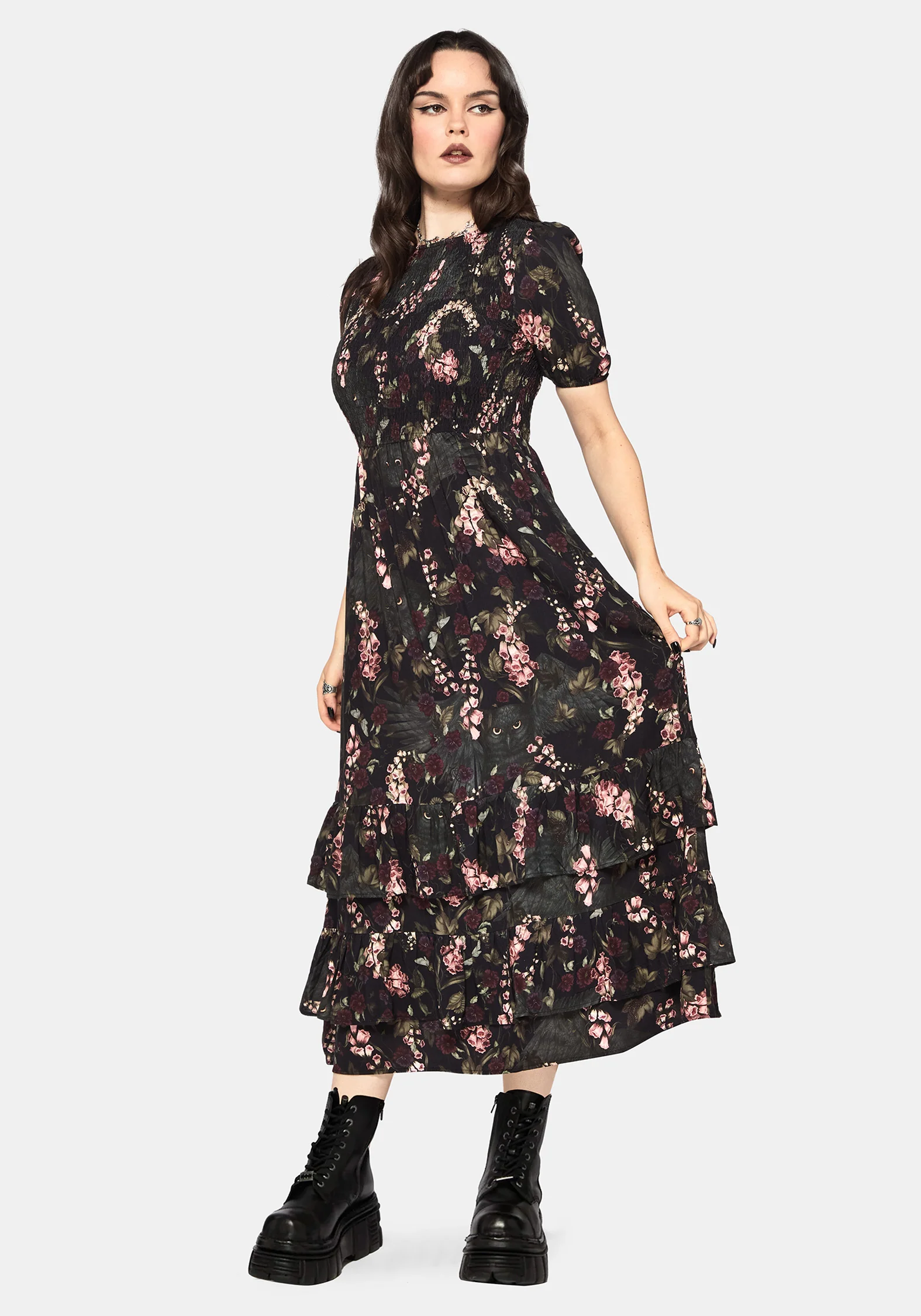 Noctua Eule Fingerhut Bedruckt Gestuft Midaxi Kleid - Image 4