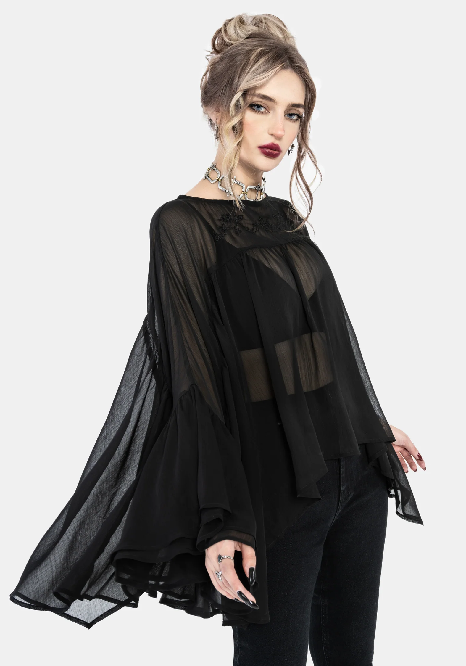 Noire Geriffelt Manschette Chiffon Bluse - Image 4