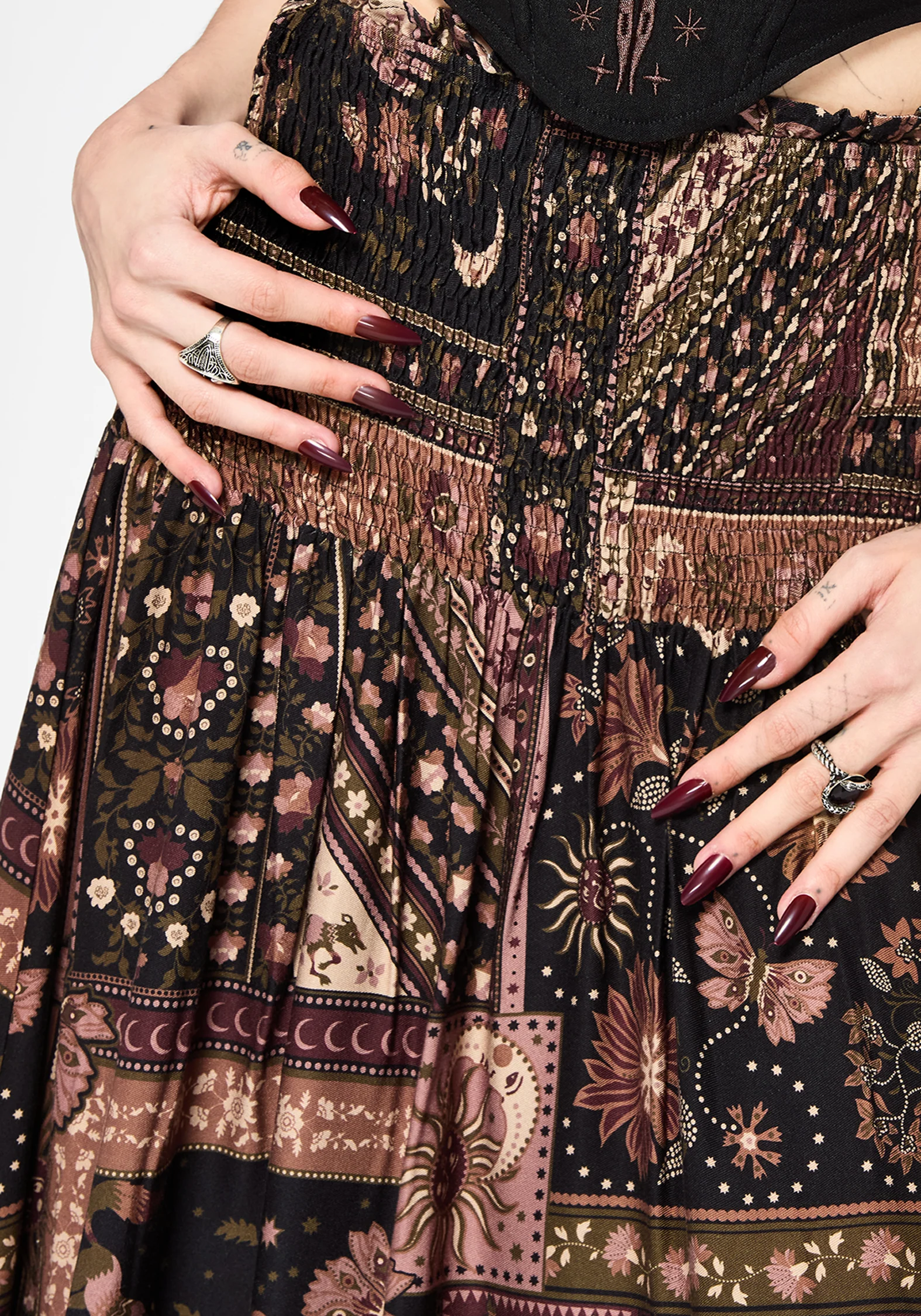 Nola Folk Patchwork Print Shirred Midi Skirt - Image 4
