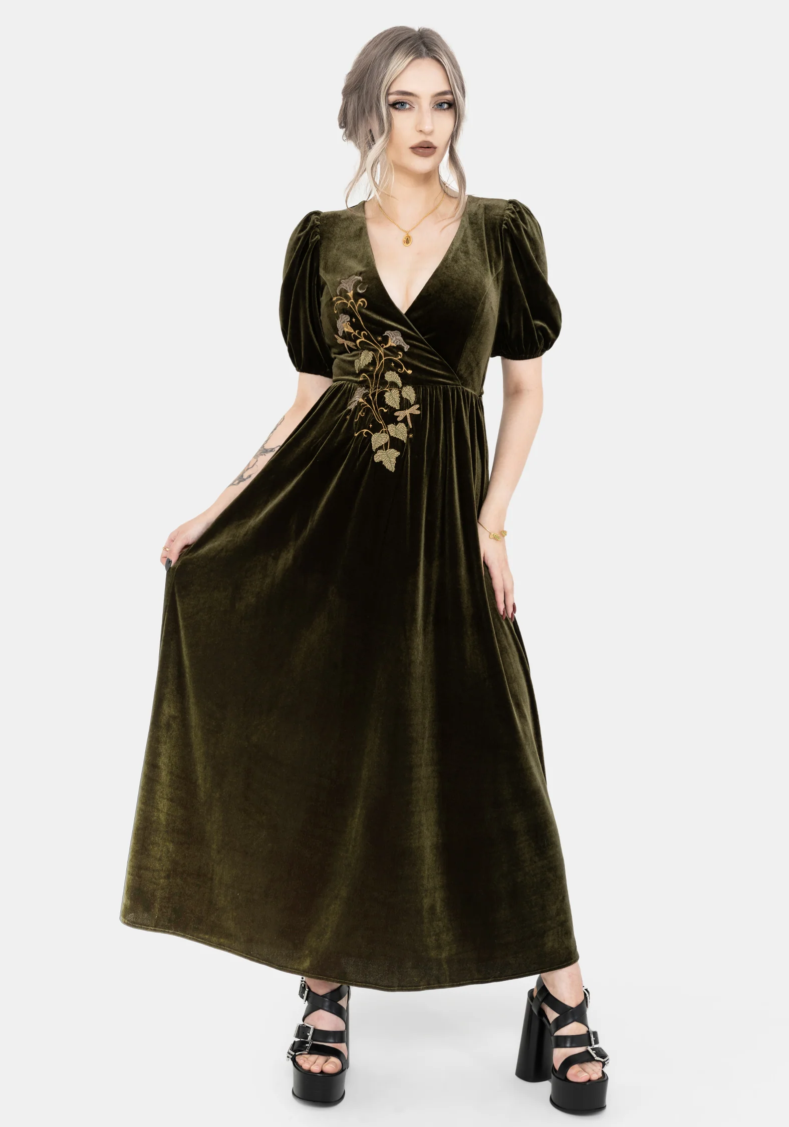 Noura Blumenmuster Dragonfly Bestickt Puffball Ärmel Velours Midaxi Kleid