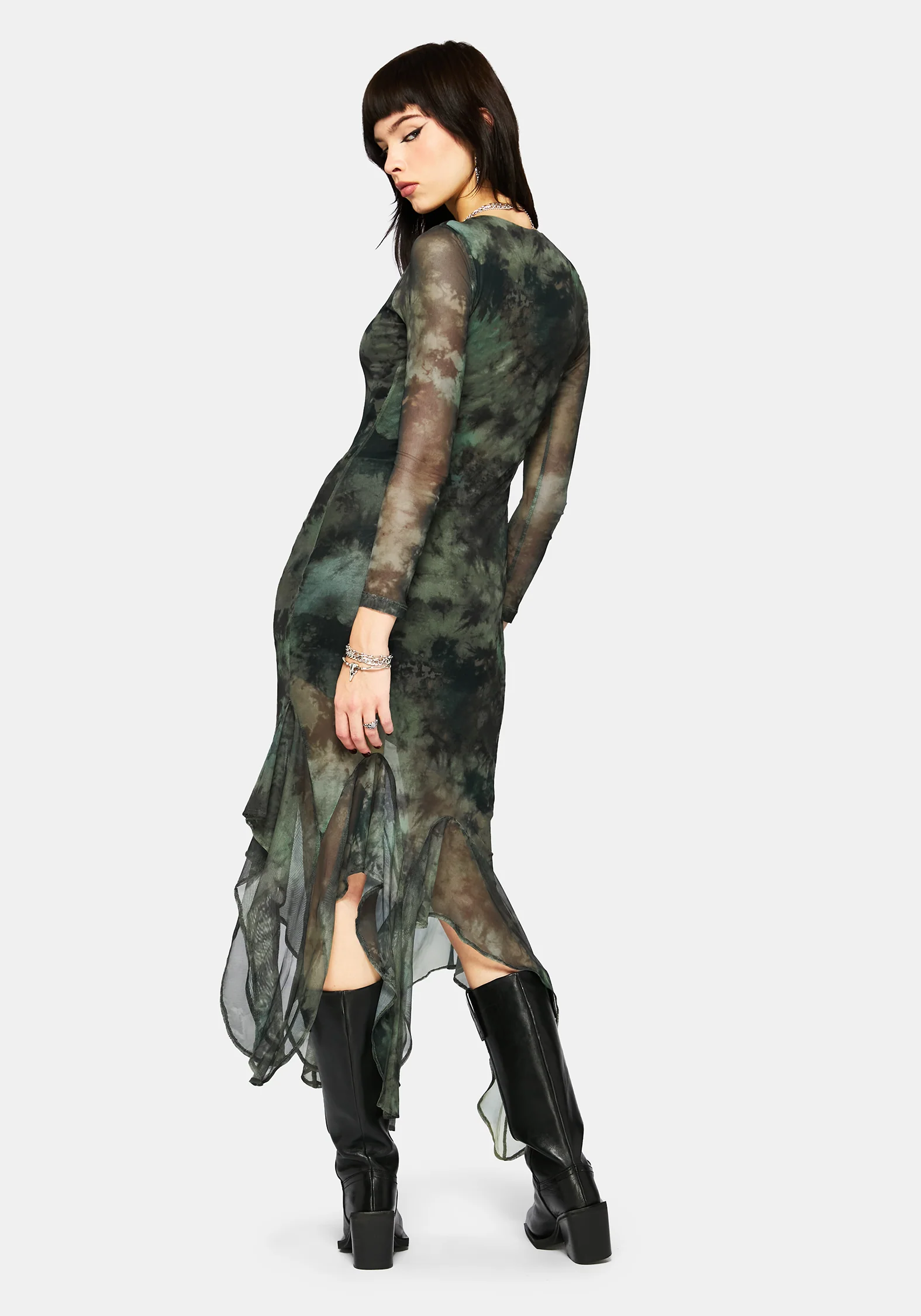 Nova Mesh Lang Ärmel Krawatte Färbung Maxi Kleid - Image 3