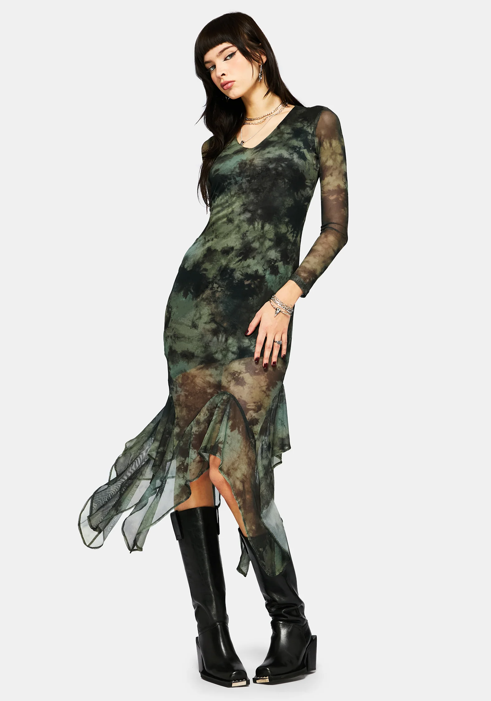 Nova Mesh Lang Ärmel Krawatte Färbung Maxi Kleid - Image 4