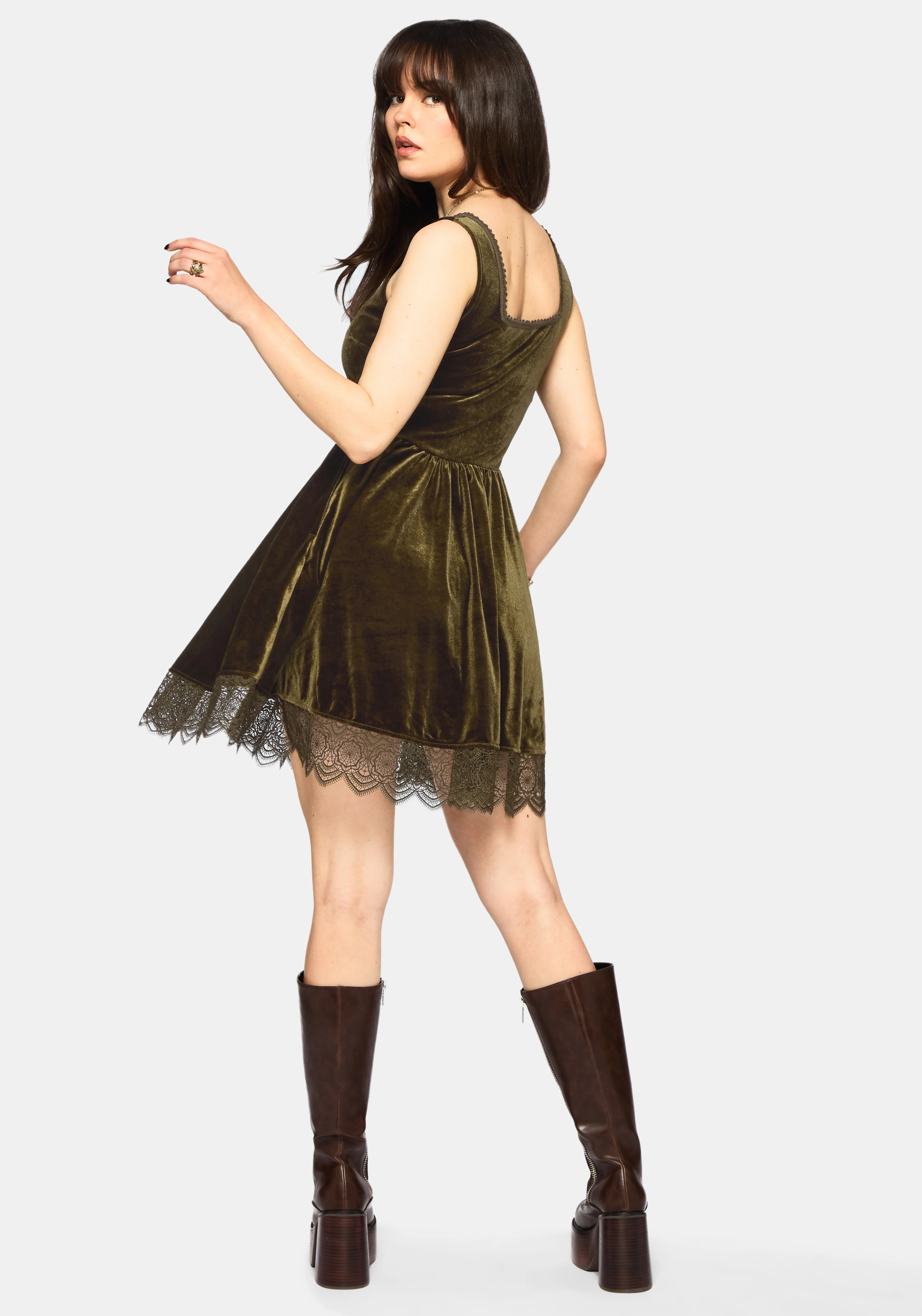 Orbweb Spitze Saum Velours Mini Kleid - Dunkel Grün - Image 3