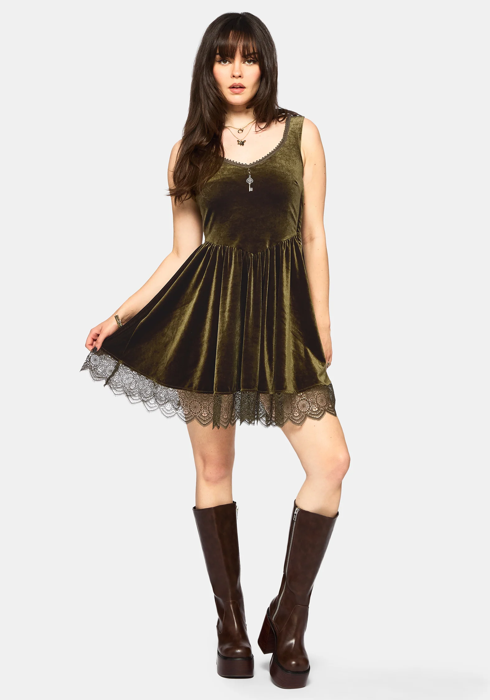 Orbweb Spitze Saum Velours Mini Kleid - Dunkel Grün - Image 5