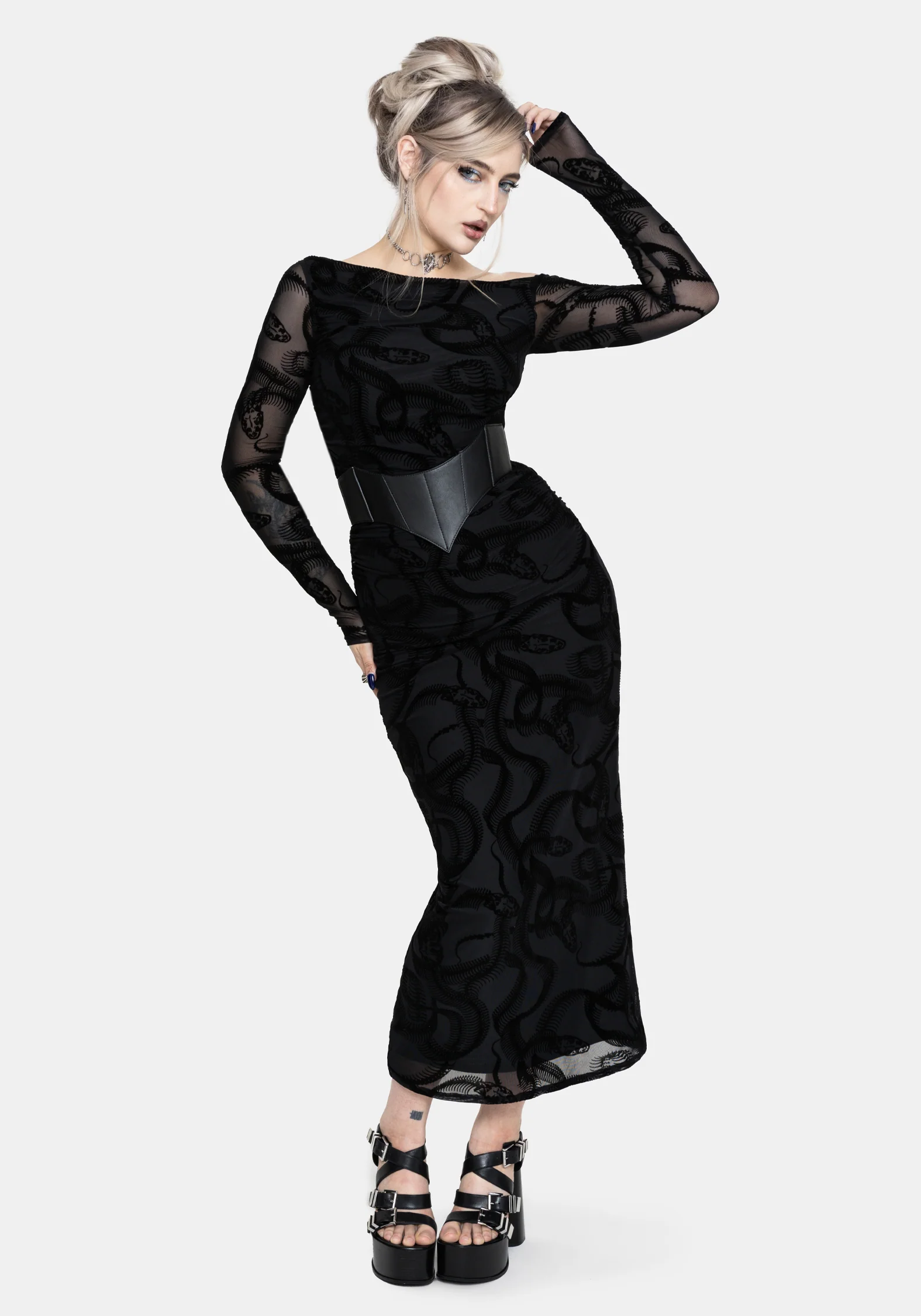 Paleo Beflockt Mesh Skelett Schlange Lang Ärmel Midaxi Kleid - Image 6