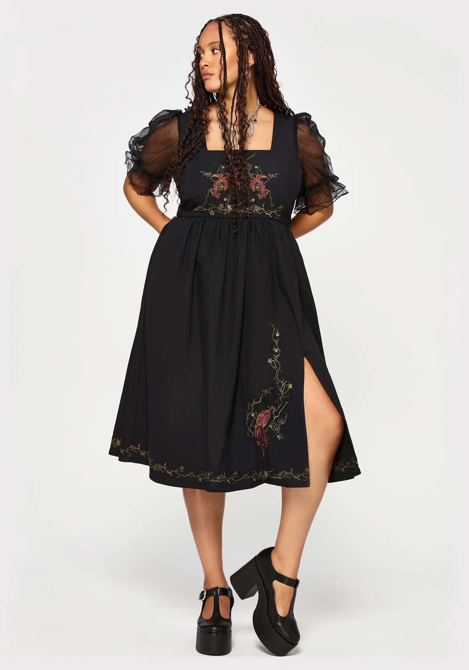Phoenix Cotton Embroidered Puff Sleeve Midi Dress - Image 9