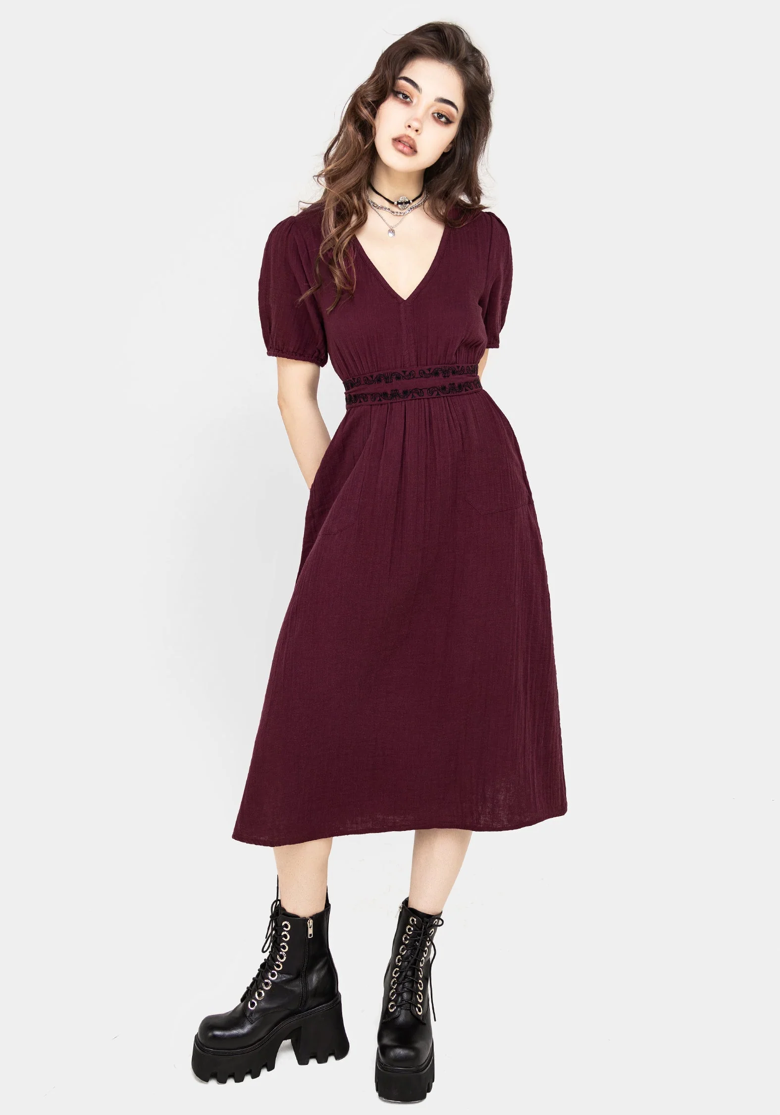 Poultice Bestickt Baumwolle Midi Kleid - Image 4