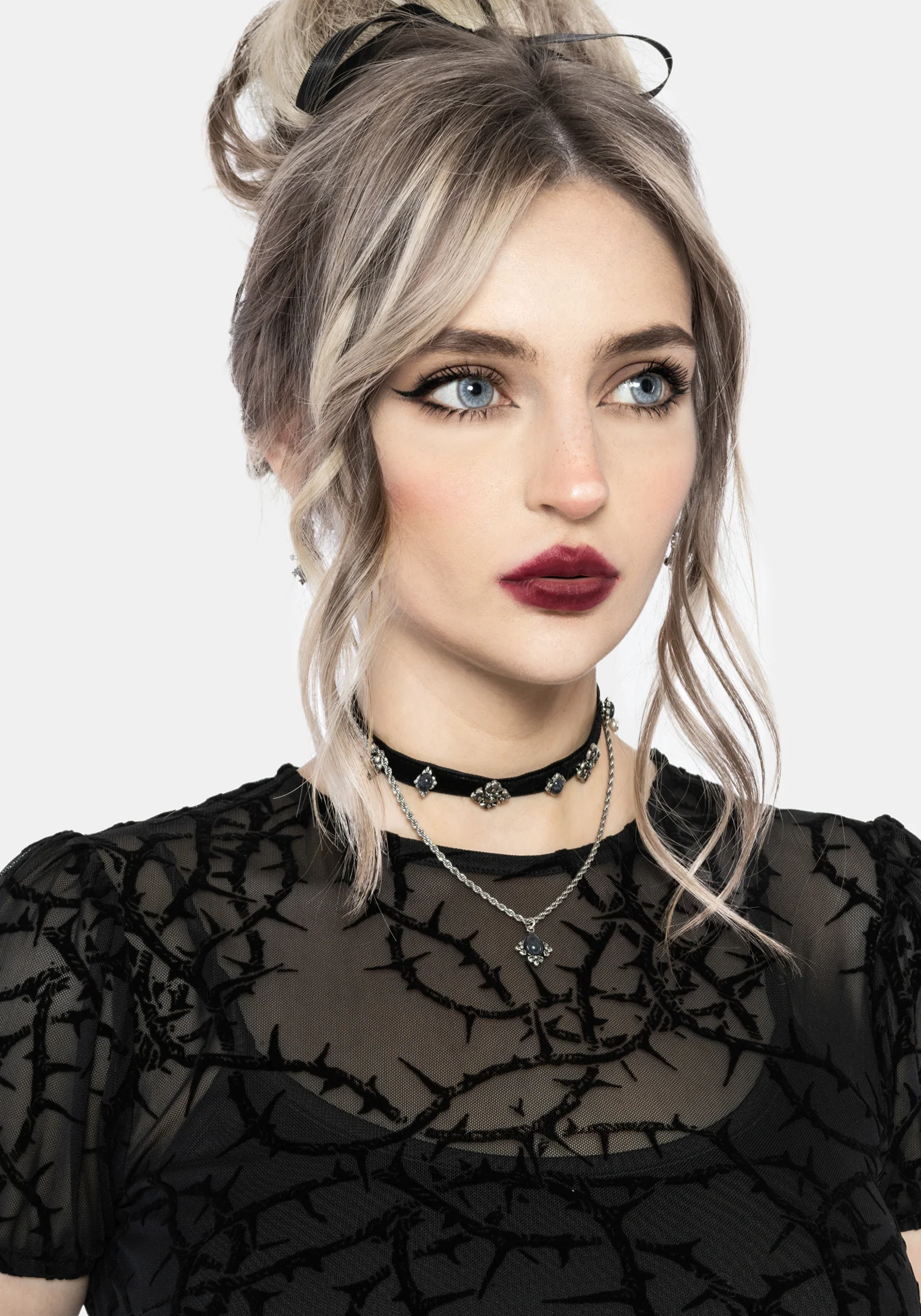 Prickle Dorn Druck Mesh Puffärmel Ärmel Mini Kleid - Schwarz - Image 2