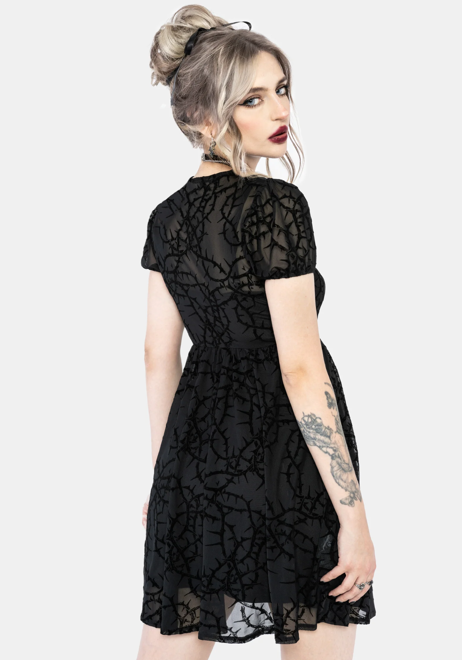 Prickle Dorn Druck Mesh Puffärmel Ärmel Mini Kleid - Schwarz - Image 3