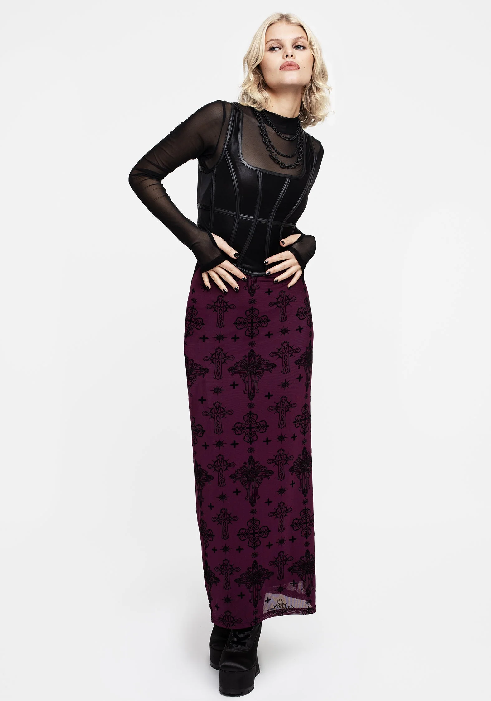 Priesterin Beflockt Mesh Maxi Rock - Lila - Image 5