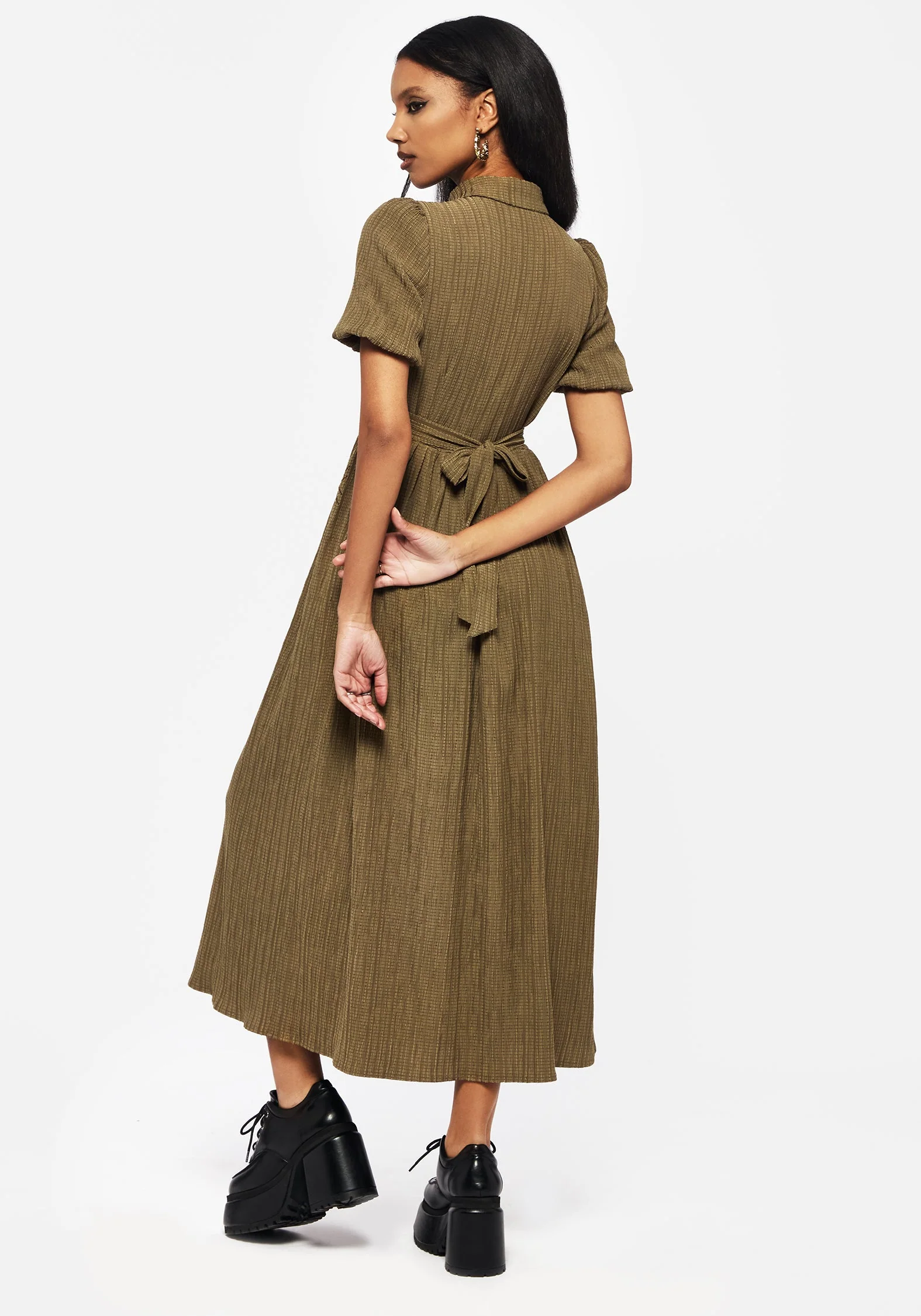Ramaria Bestickt Puffärmel Ärmel Knopf Hoch Midaxi Hemd Kleid - Image 4