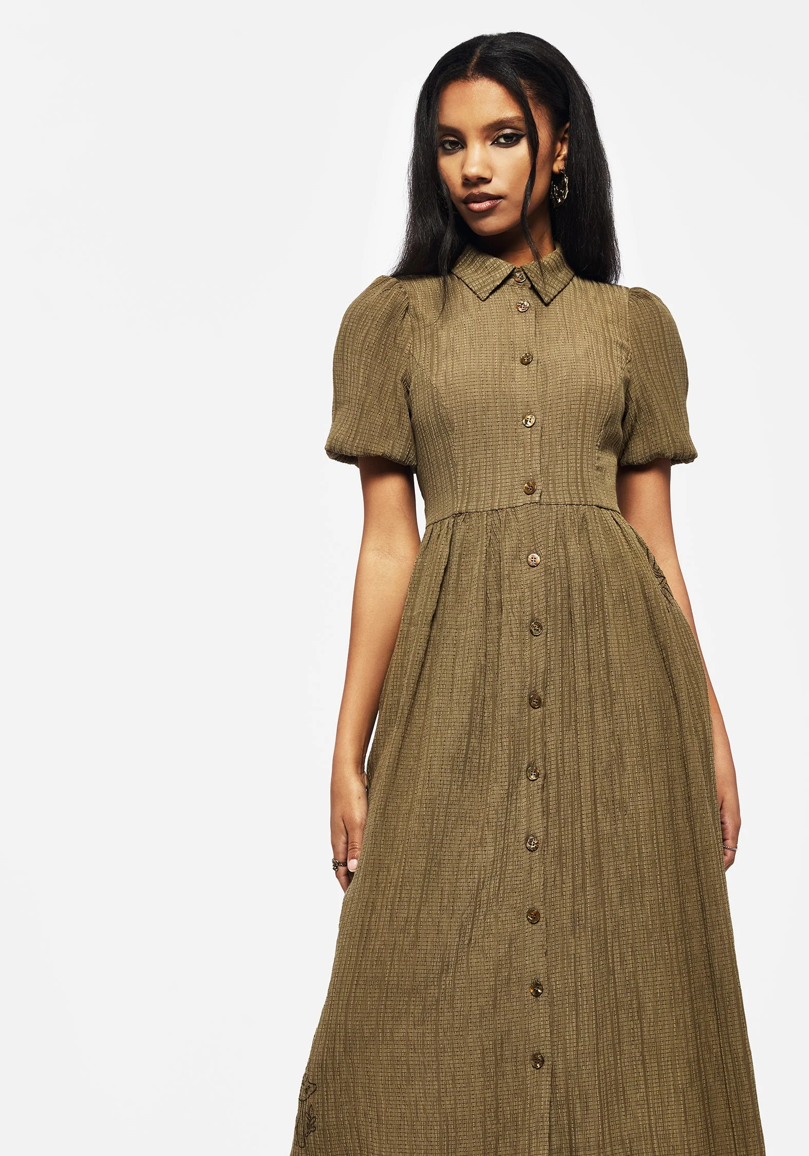 Ramaria Bestickt Puffärmel Ärmel Knopf Hoch Midaxi Hemd Kleid - Image 6