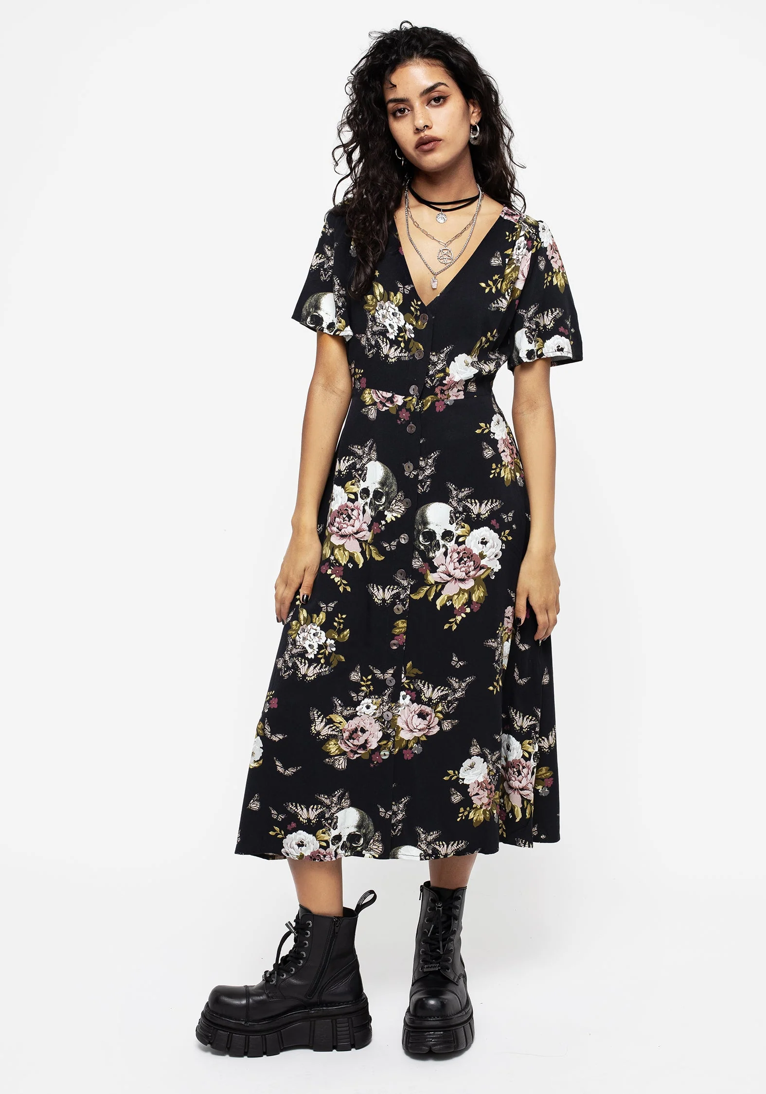 Revival Blumenmuster Knopf Hoch Midi Kleid - Image 5