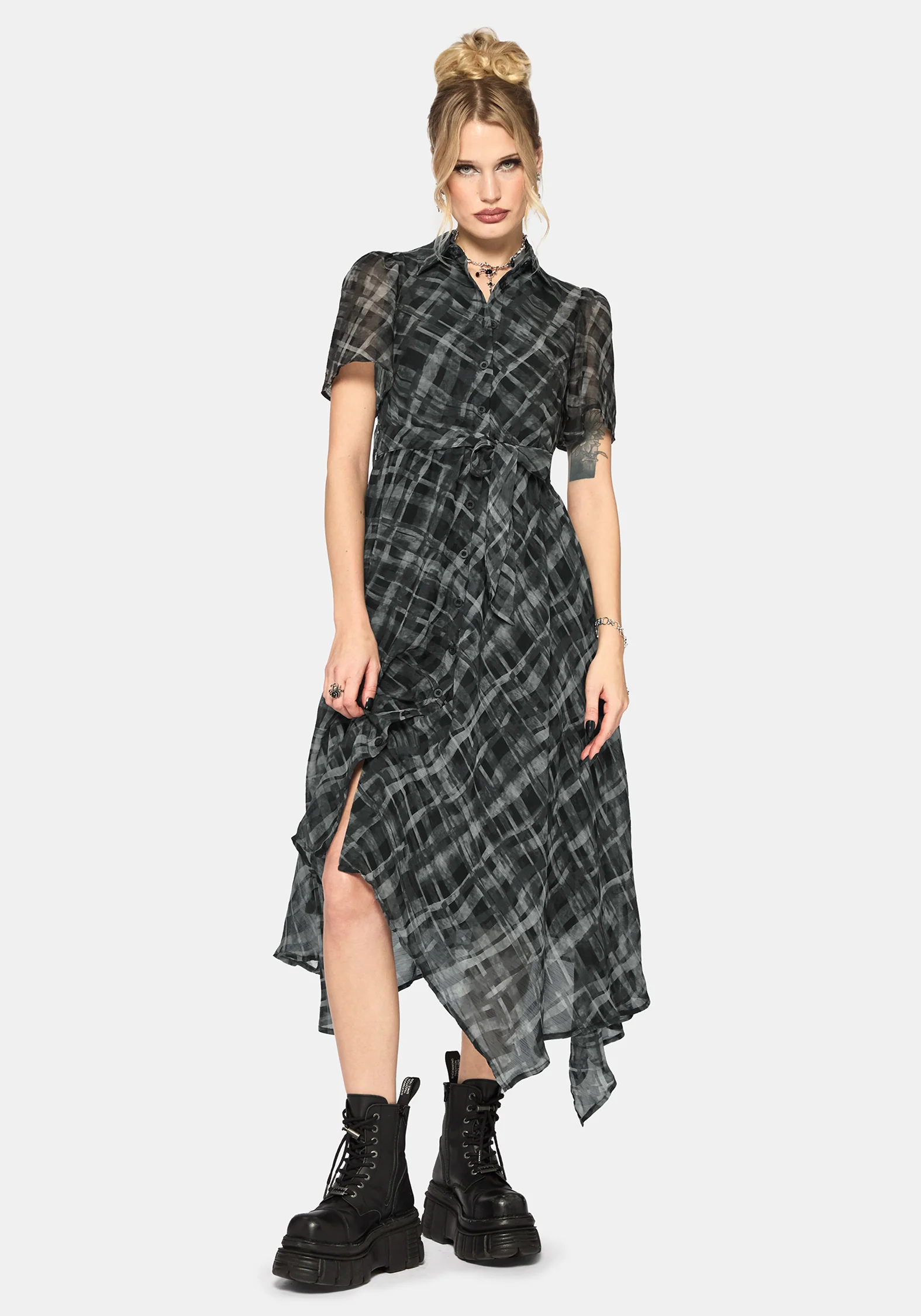Rhoswen Checked Taschentuch Saum Midaxi Hemd Kleid - Image 4