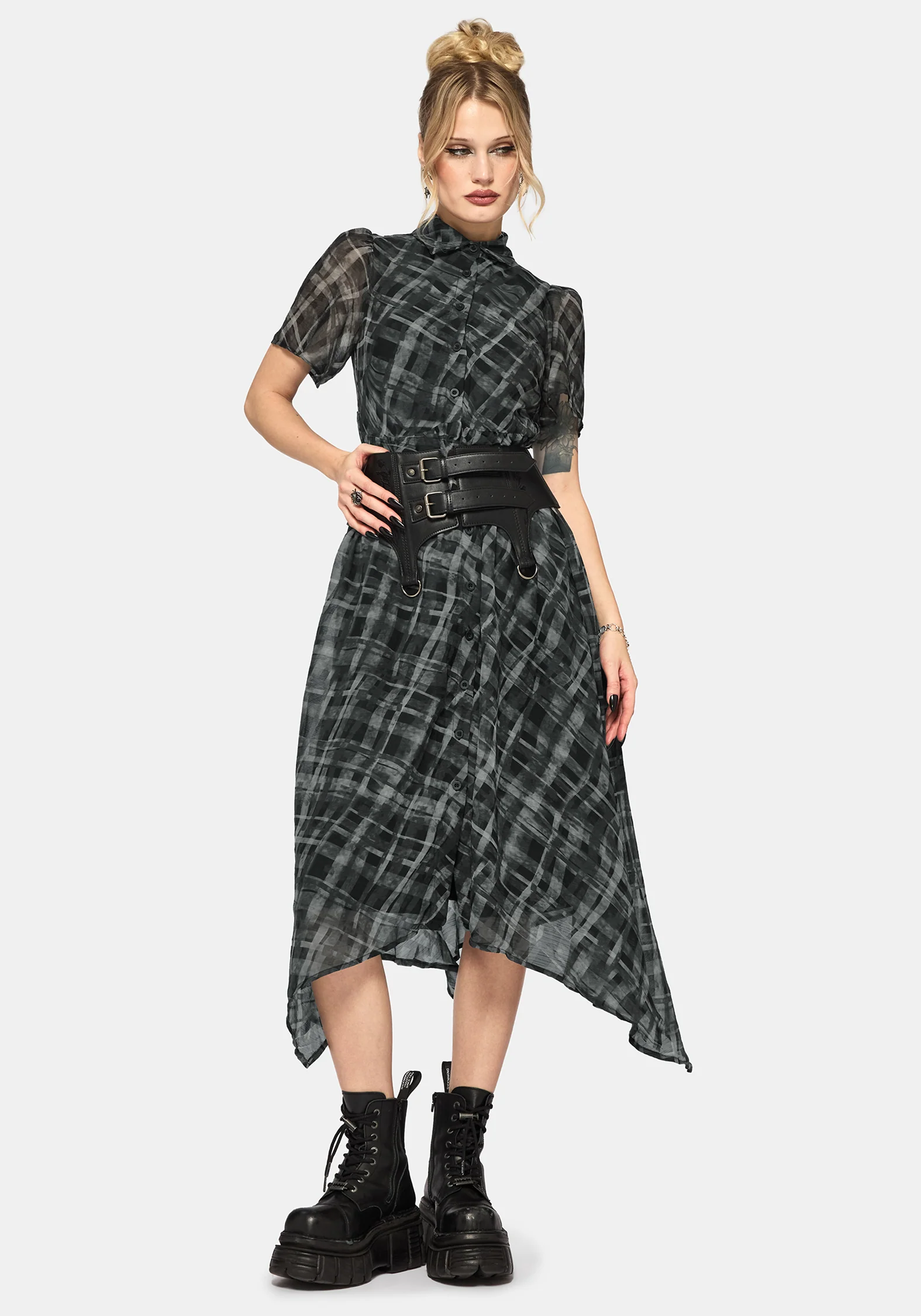 Rhoswen Checked Taschentuch Saum Midaxi Hemd Kleid - Image 6