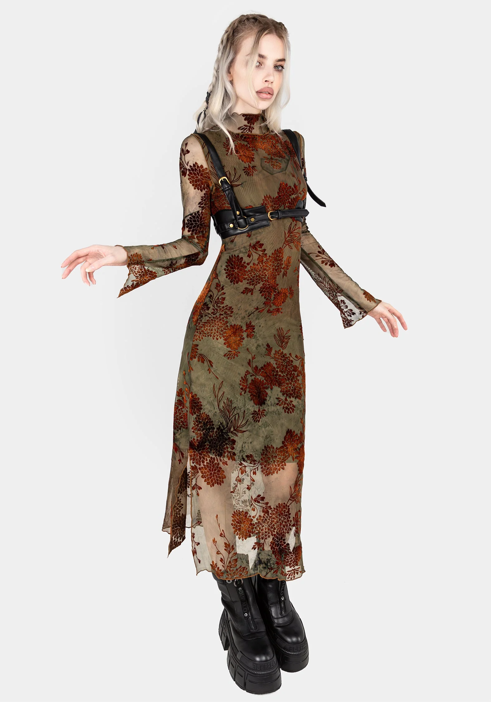 Rosaleigh Flockdruck Velours Mesh Midaxi-Kleid Kleid - Image 6