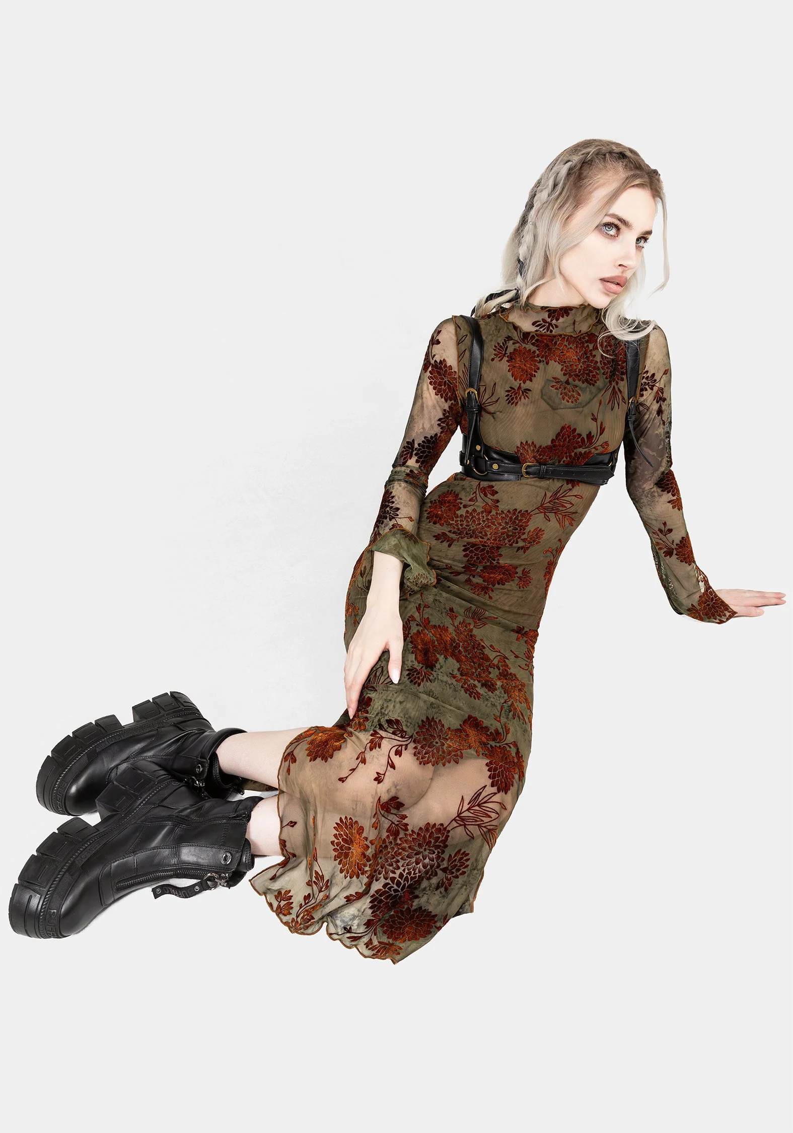 Rosaleigh Flockdruck Velours Mesh Midaxi-Kleid Kleid - Image 8