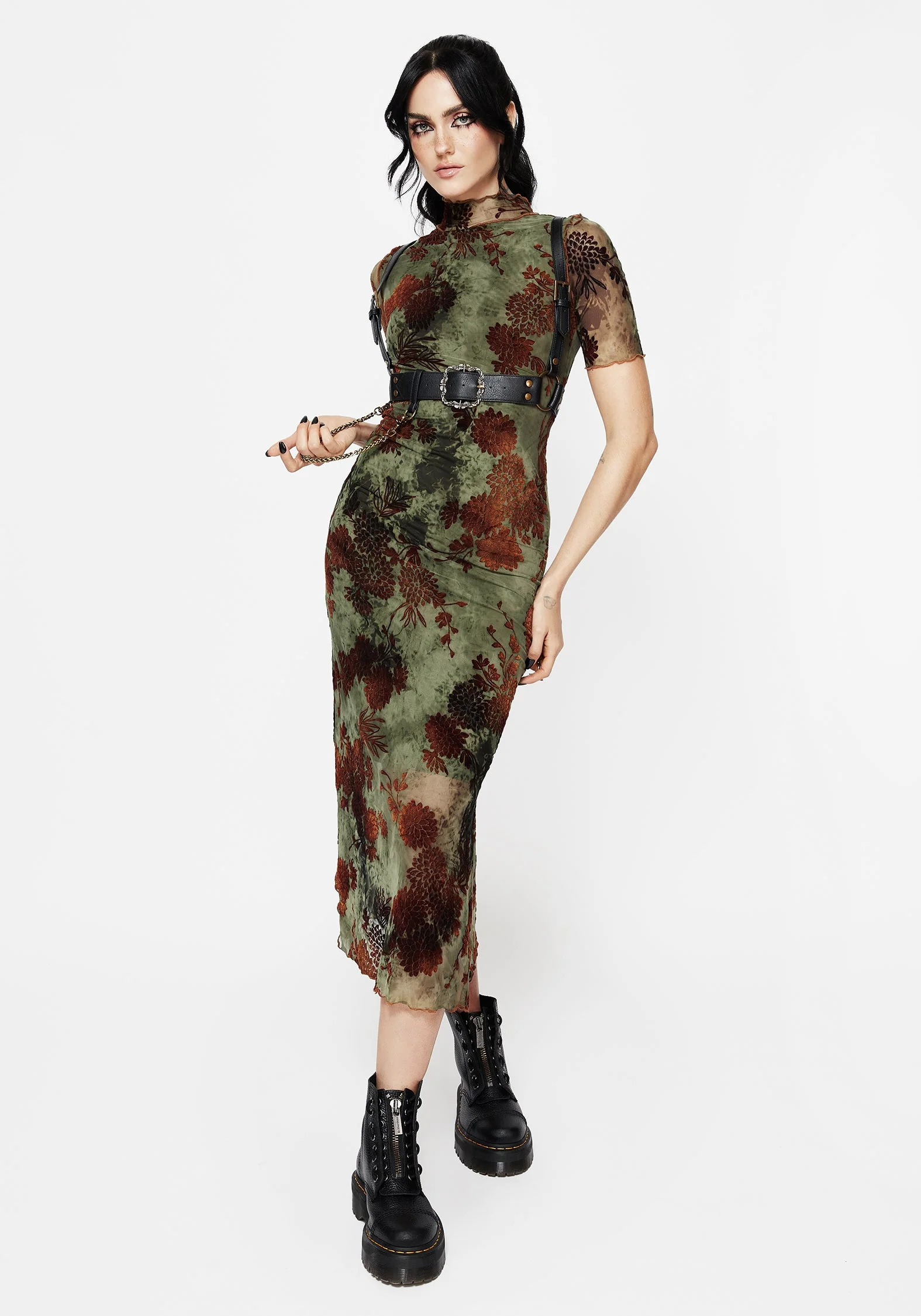Rosaleigh Flockdruck Velours Mesh Kurz Mit Ärmeln Midaxi Kleid - Image 6