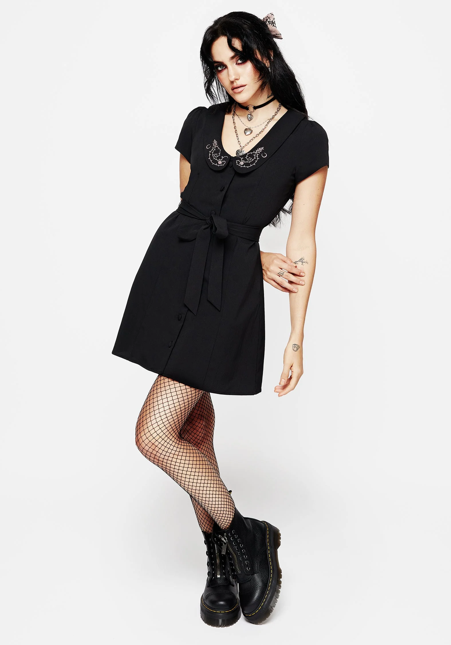 Rosethorn Bestickt Kragen Mini Hemd Kleid - Image 4