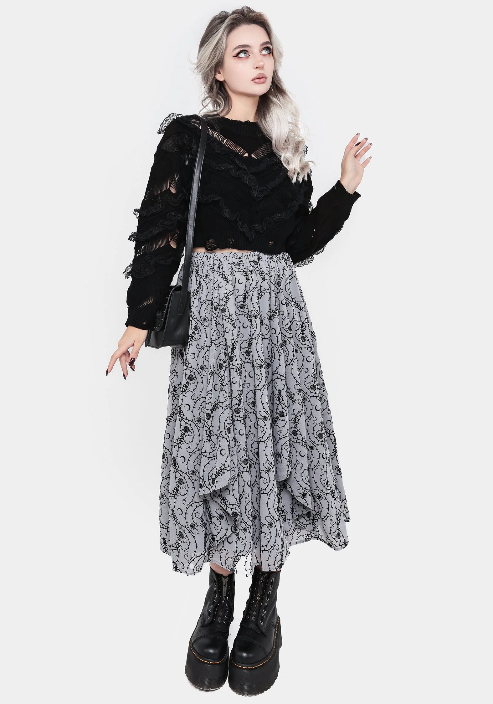 Rosethorn Beflockt Velours Chiffon Rüsche Midi Rock - - Image 8