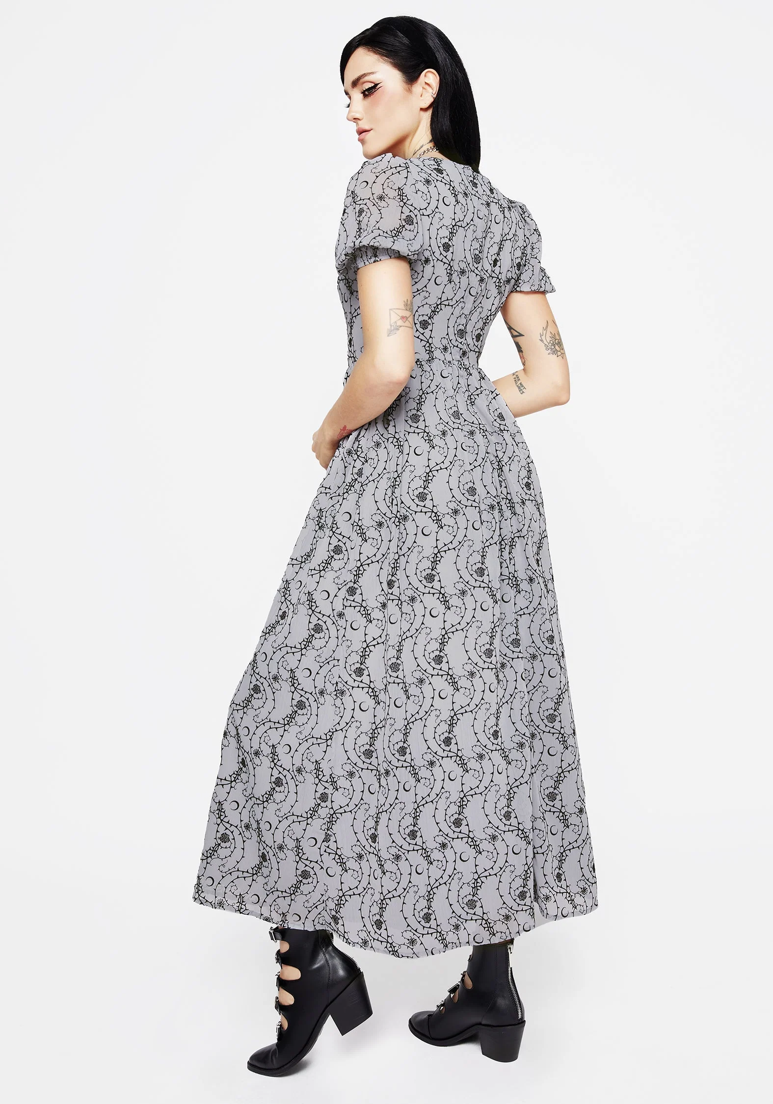 Rosethorn Beflockt Velours Puffärmel Ärmel Midaxi-Kleid Kleid - - Image 3