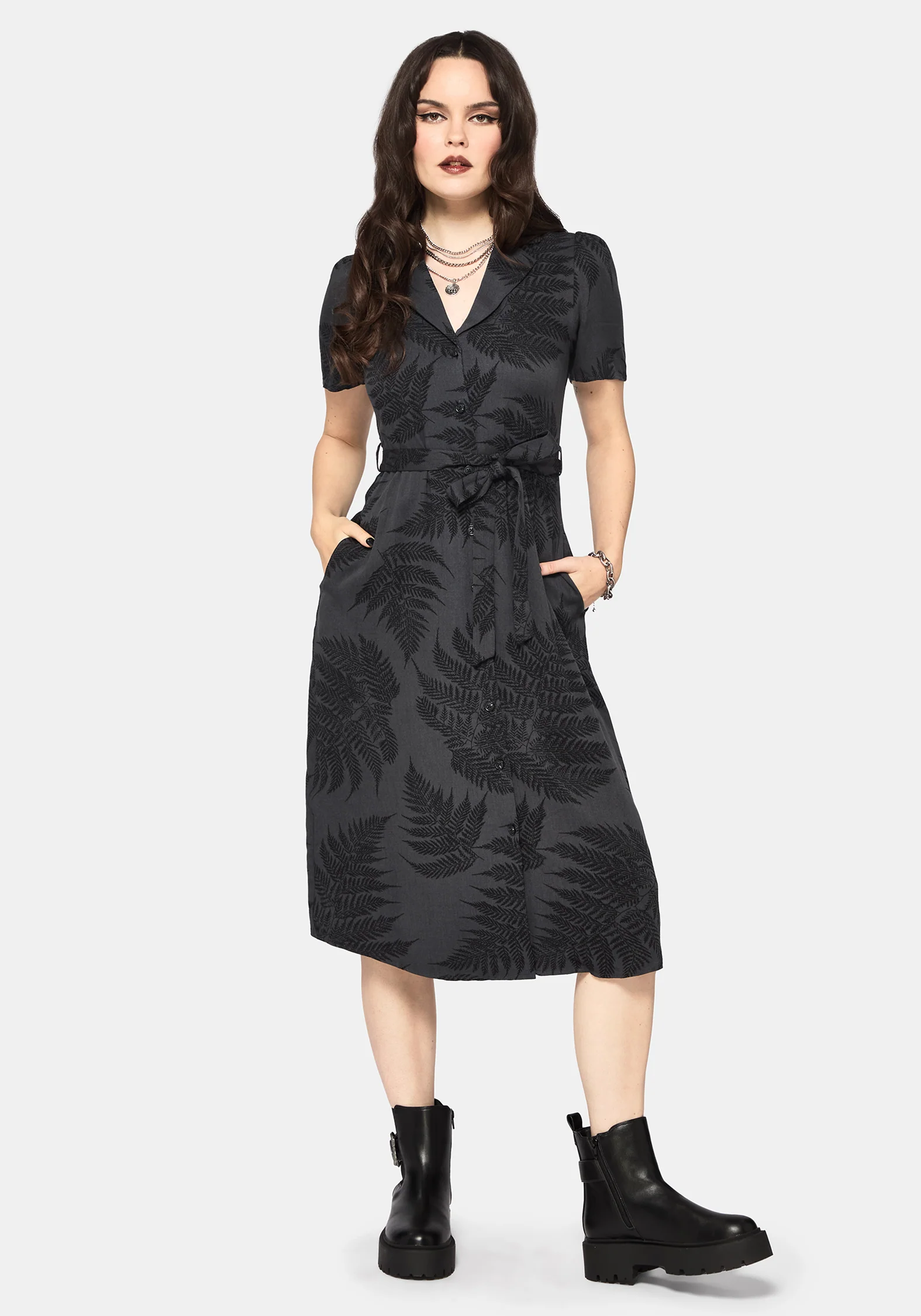 Ruin Farn Bedruckt Knopf Hoch Midi Hemd Kleid - Grau - Image 4