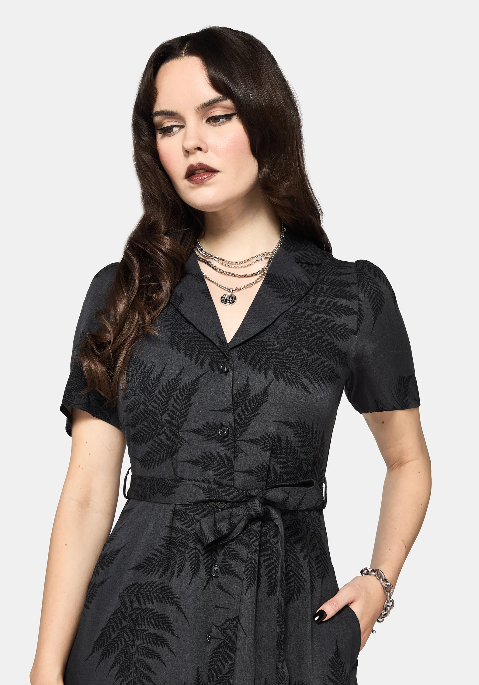 Ruin Farn Bedruckt Knopf Hoch Midi Hemd Kleid - Grau - Image 6