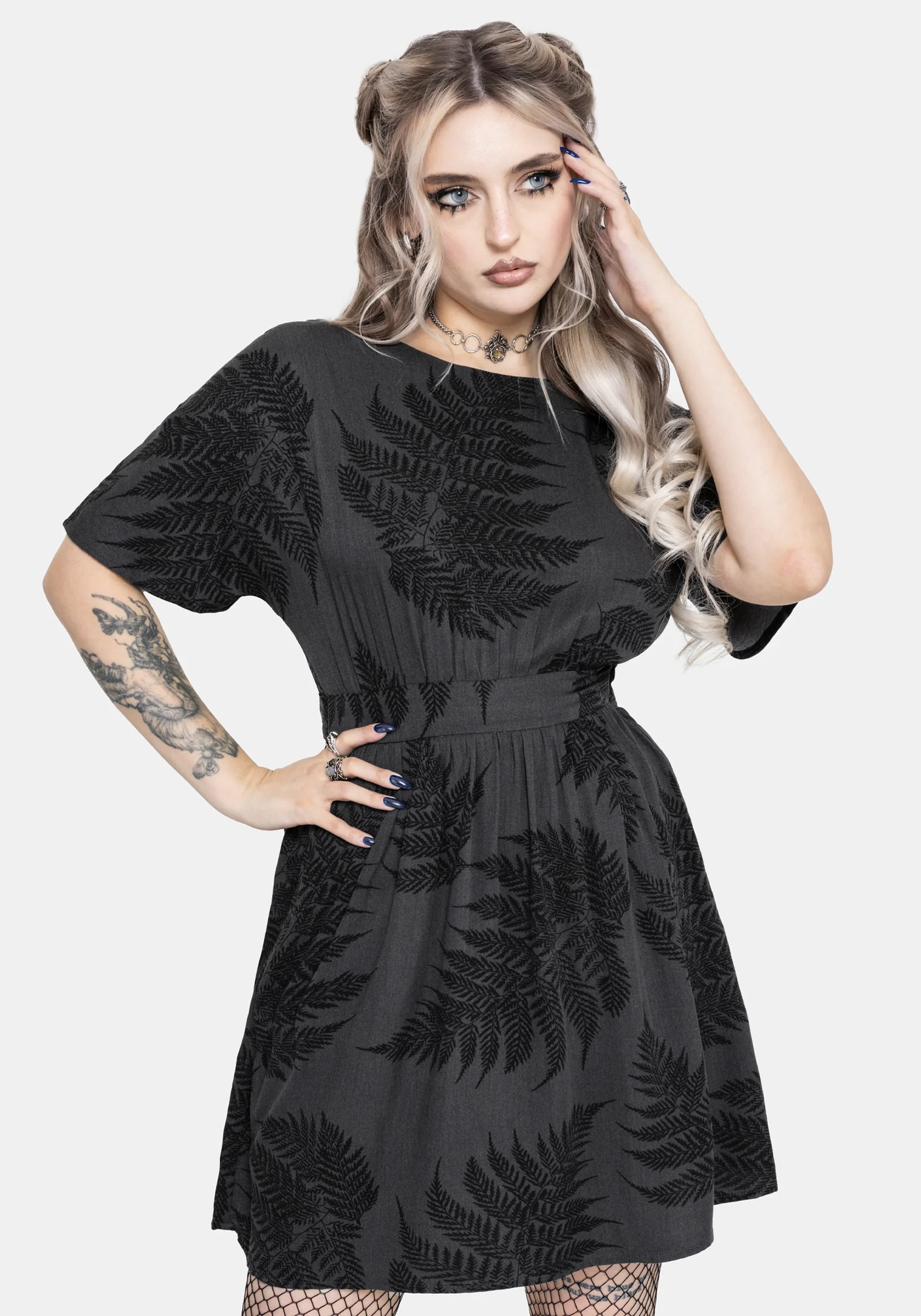 Ruin Farn Bedruckt Krawatte Rücken Mini Kleid - Grau - Image 2