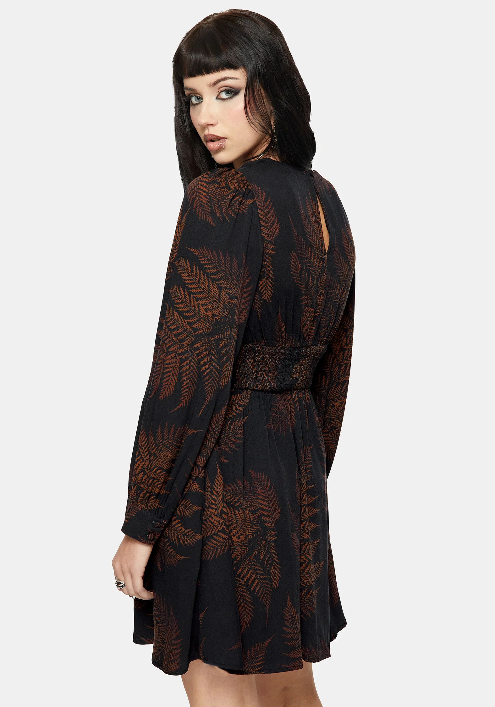Ruin Farn Bedruckt V-Ausschnitt Mini Kleid - Braun - Image 3