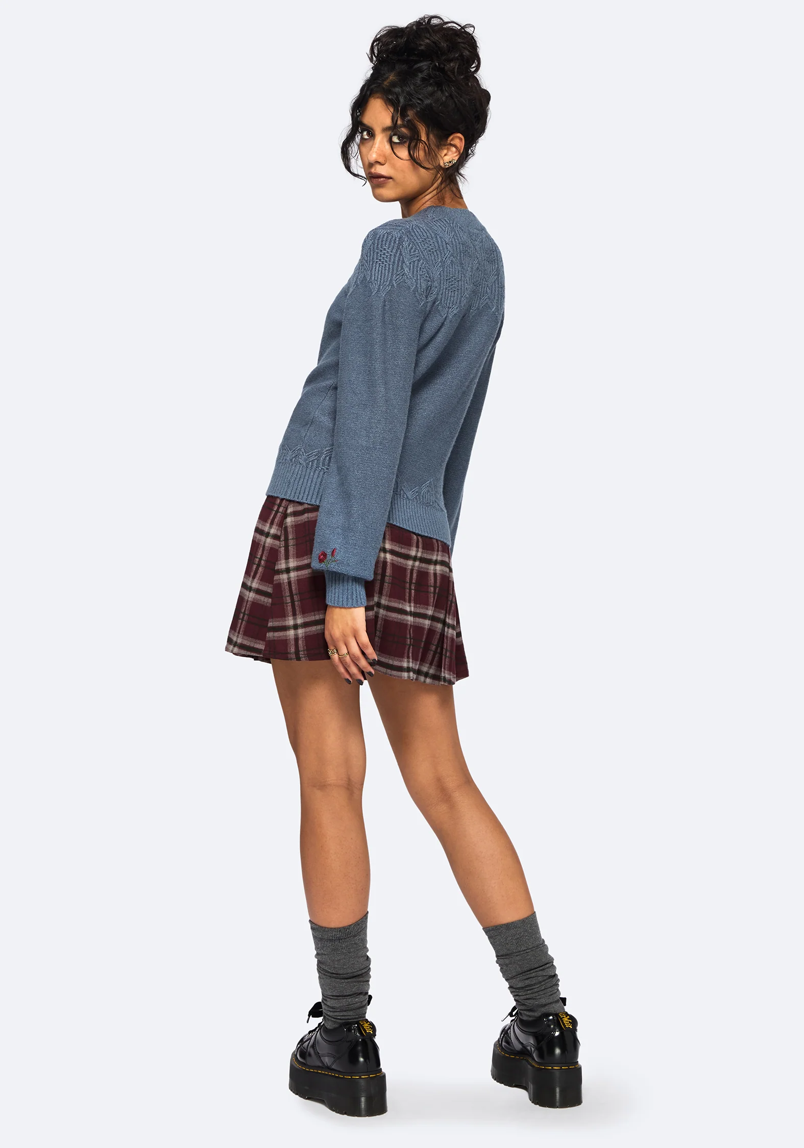 Selenia Motte Bestickt Zopf Twist Gestrickt Pullover - Blau - Image 3