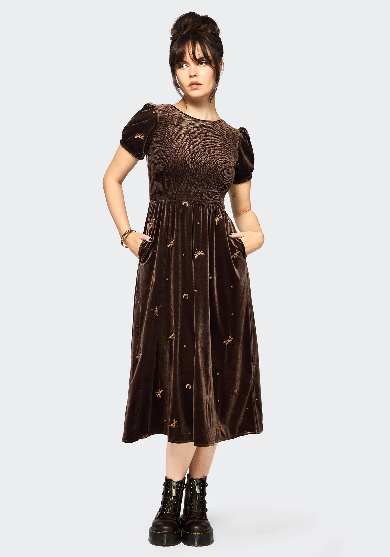 Seraphine Dragonfly Bestickt Velours Smocked Mieder Midi Kleid - Image 4