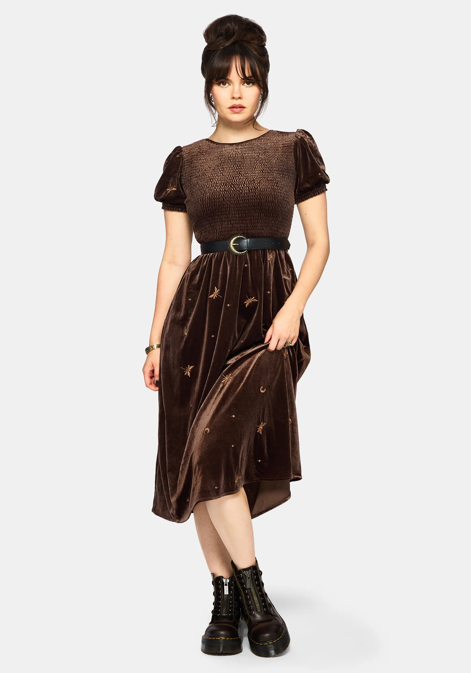 Seraphine Dragonfly Bestickt Velours Smocked Mieder Midi Kleid - Image 5