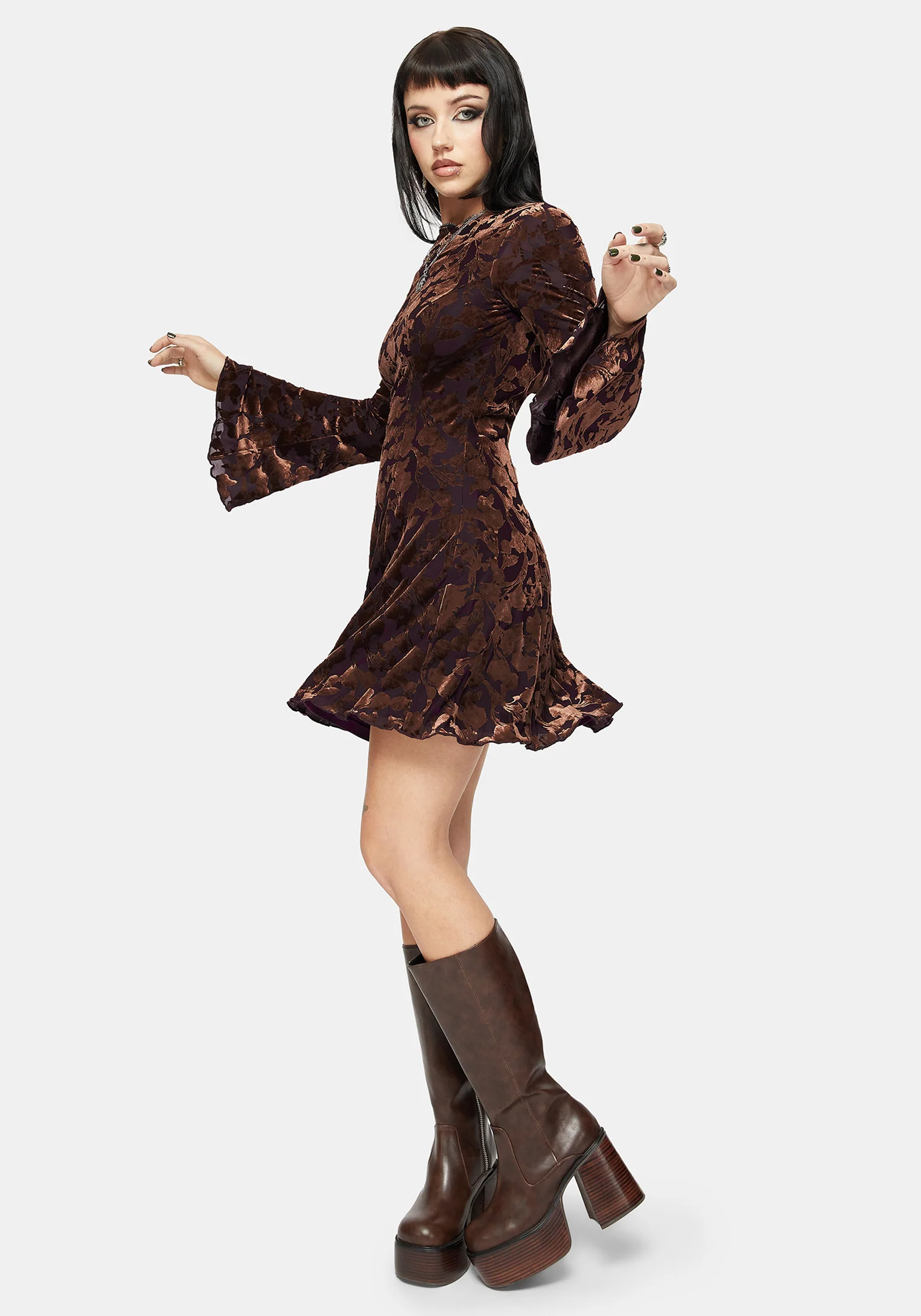 Sienna Devore Kapuze Rüschenkante Saum Mini Kleid - Image 5