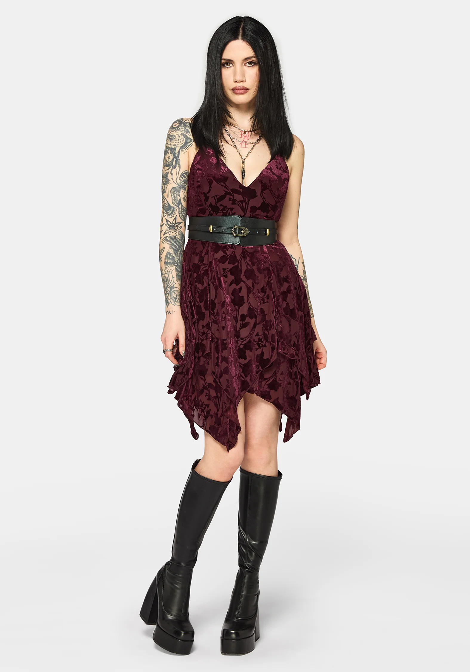 Sienna Devore Hanky Hem Cami Mini Dress - Burgundy