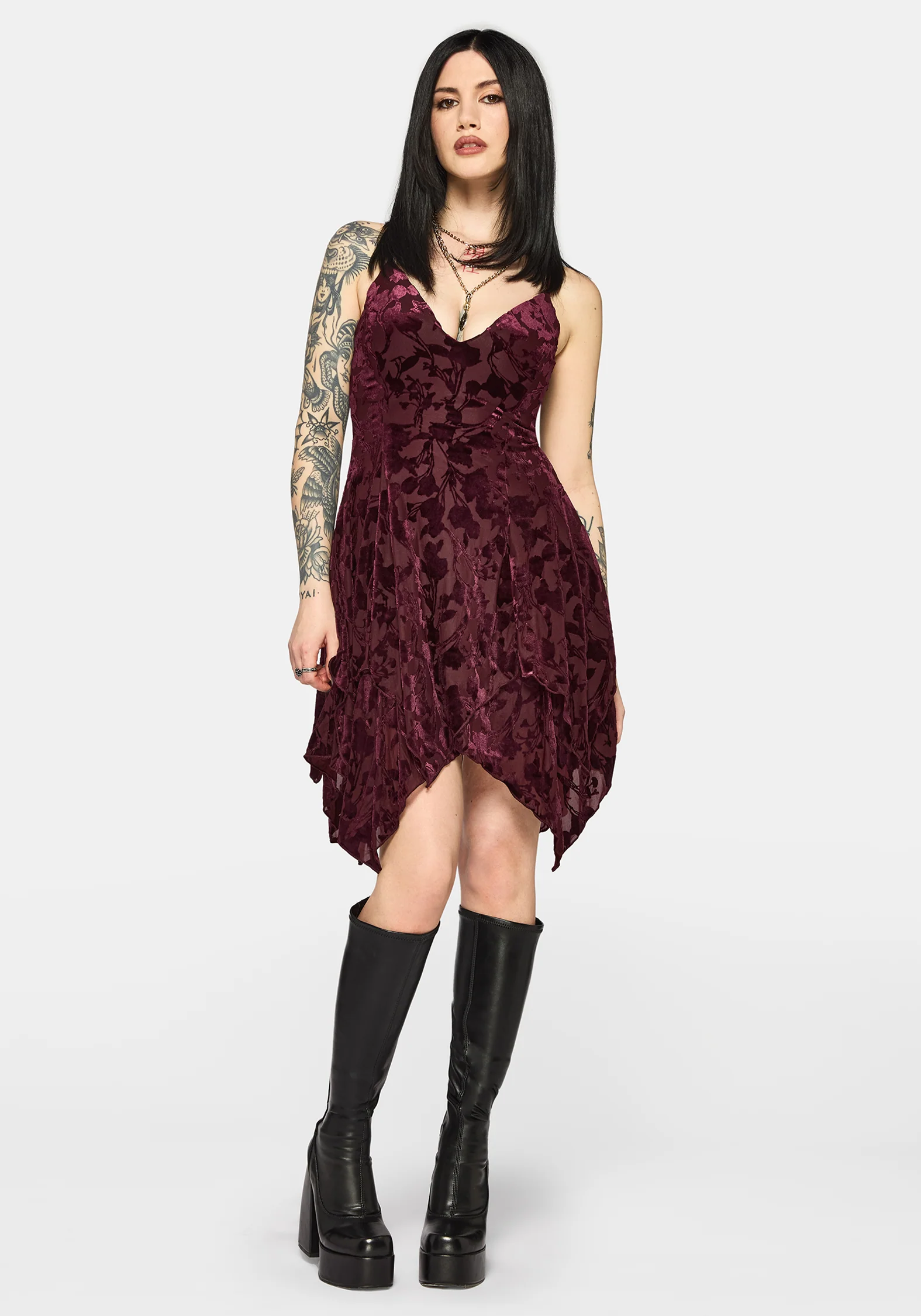 Sienna Devore Hanky Hem Cami Mini Dress - Burgundy - Image 4