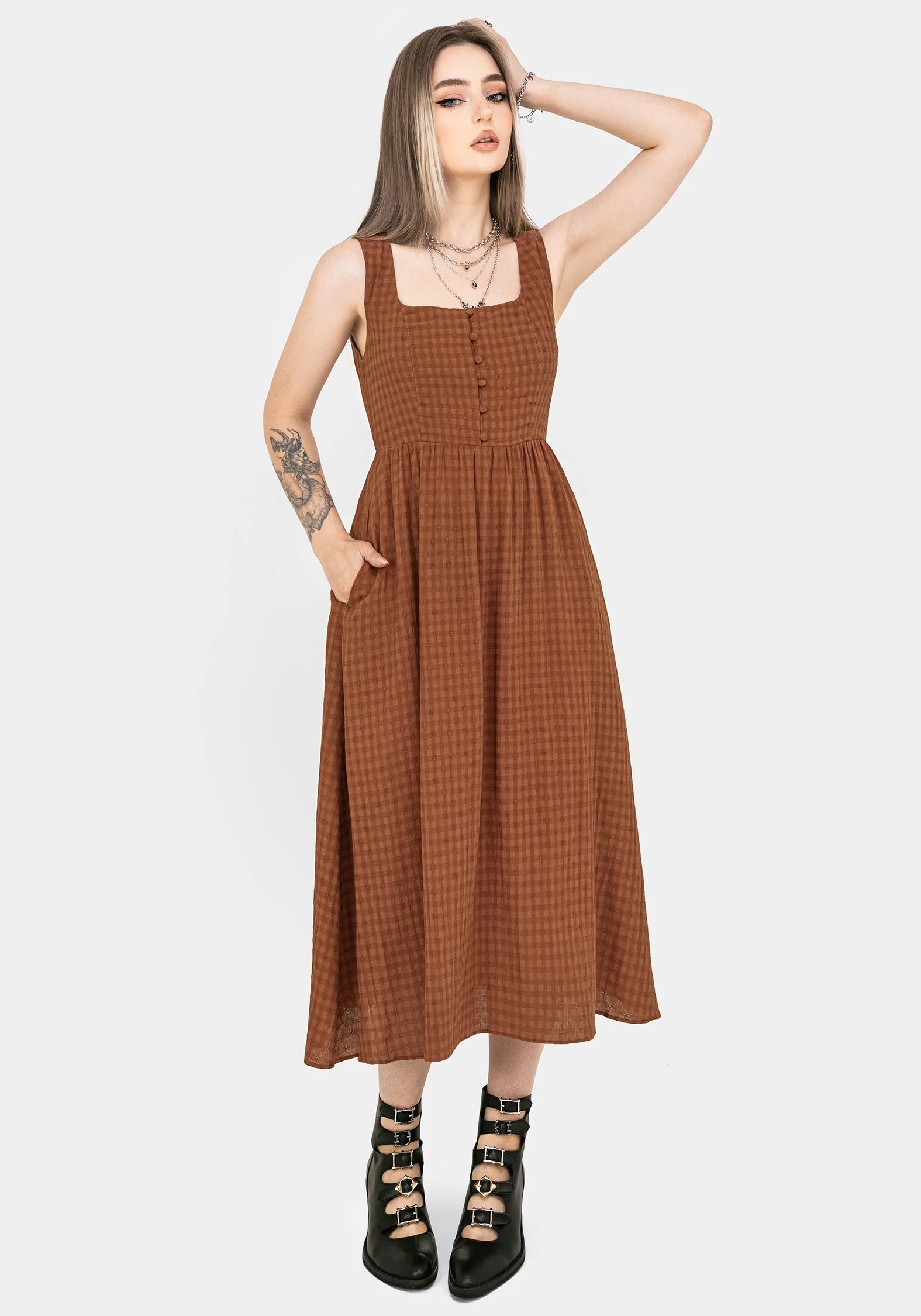 Soleil Cotton-Blend Prüfen Cami Midi Kleid - Image 4
