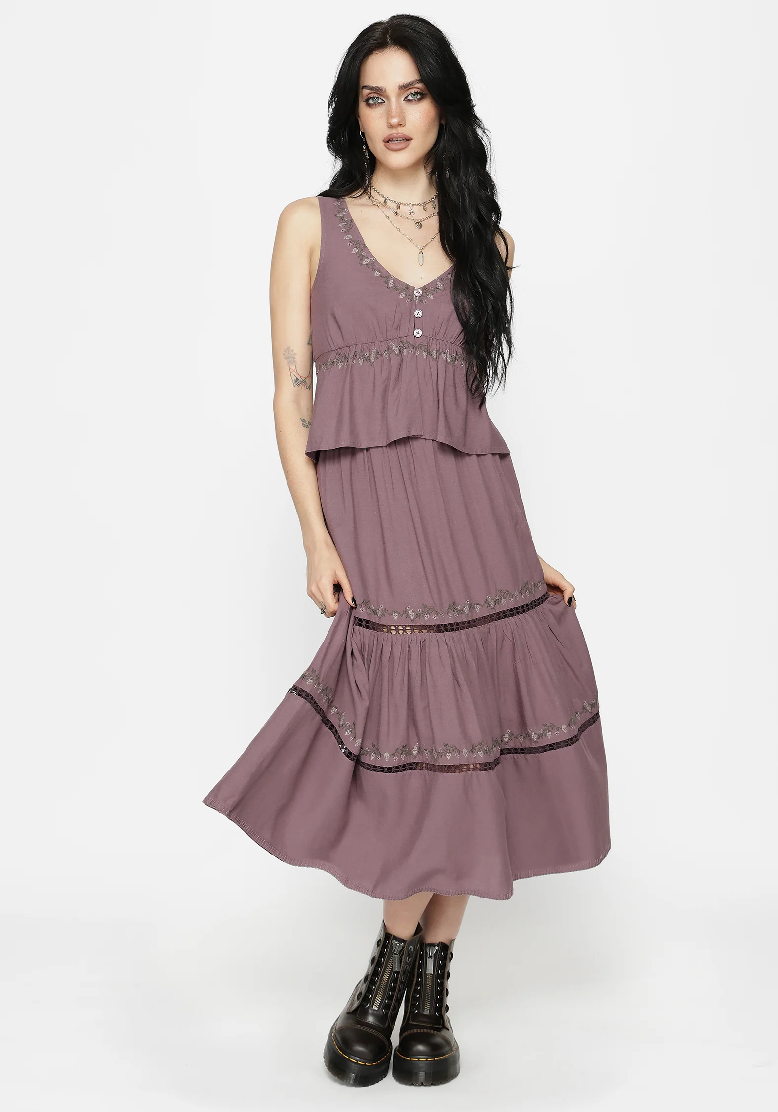 Solis Skull Embroidered Linen Midi Skirt