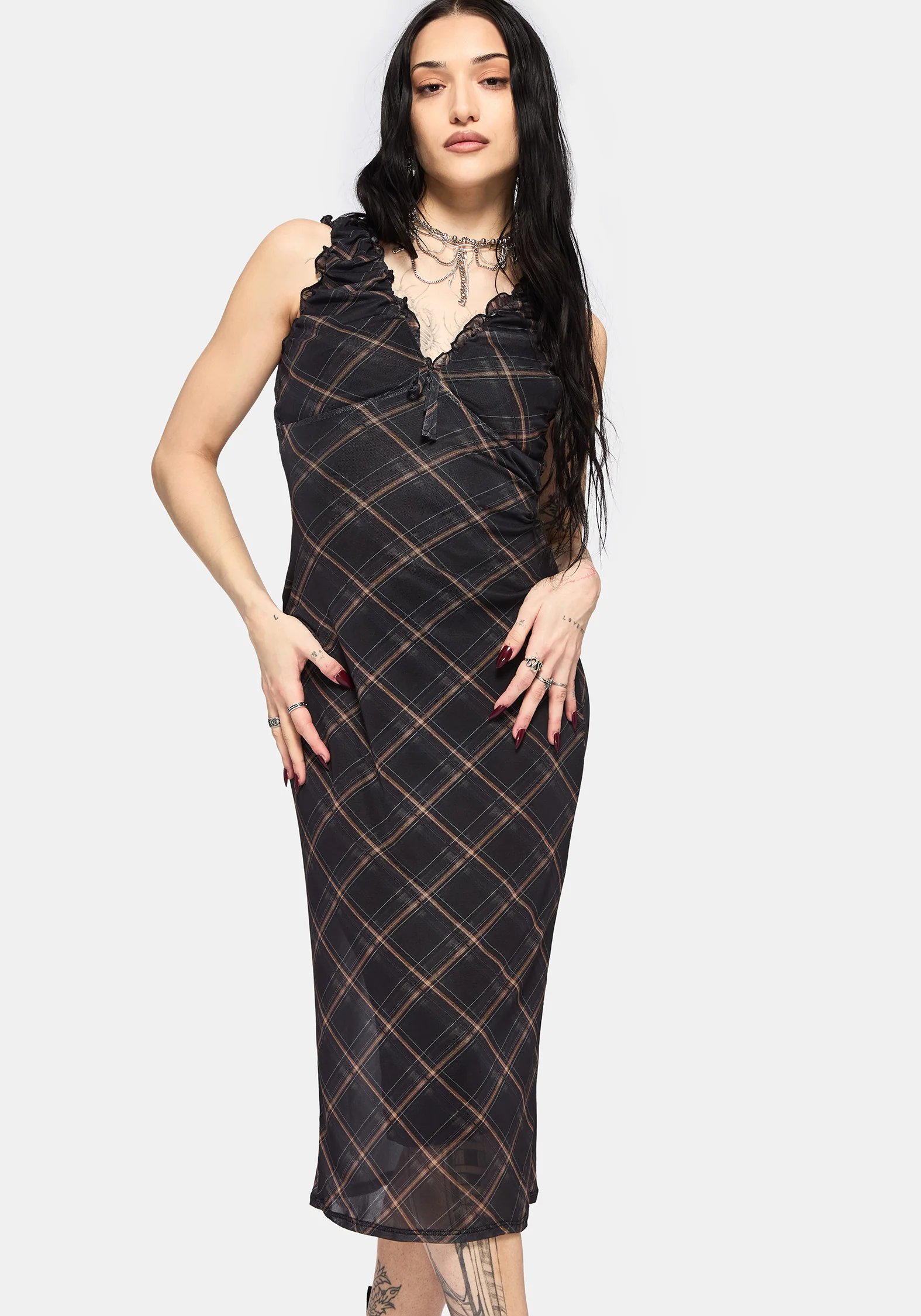 Sorrowelle Checked Mesh Midi Kleid - Image 4