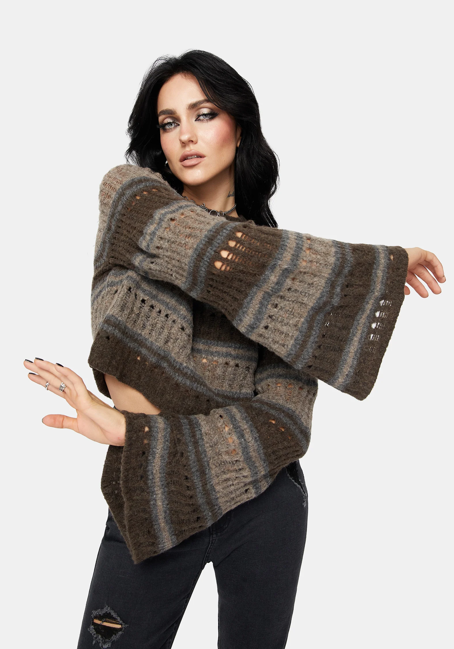 Splinter Streifen Gestrickt Ausgestellt Ärmel Kurz Pullover - Braun - Image 7