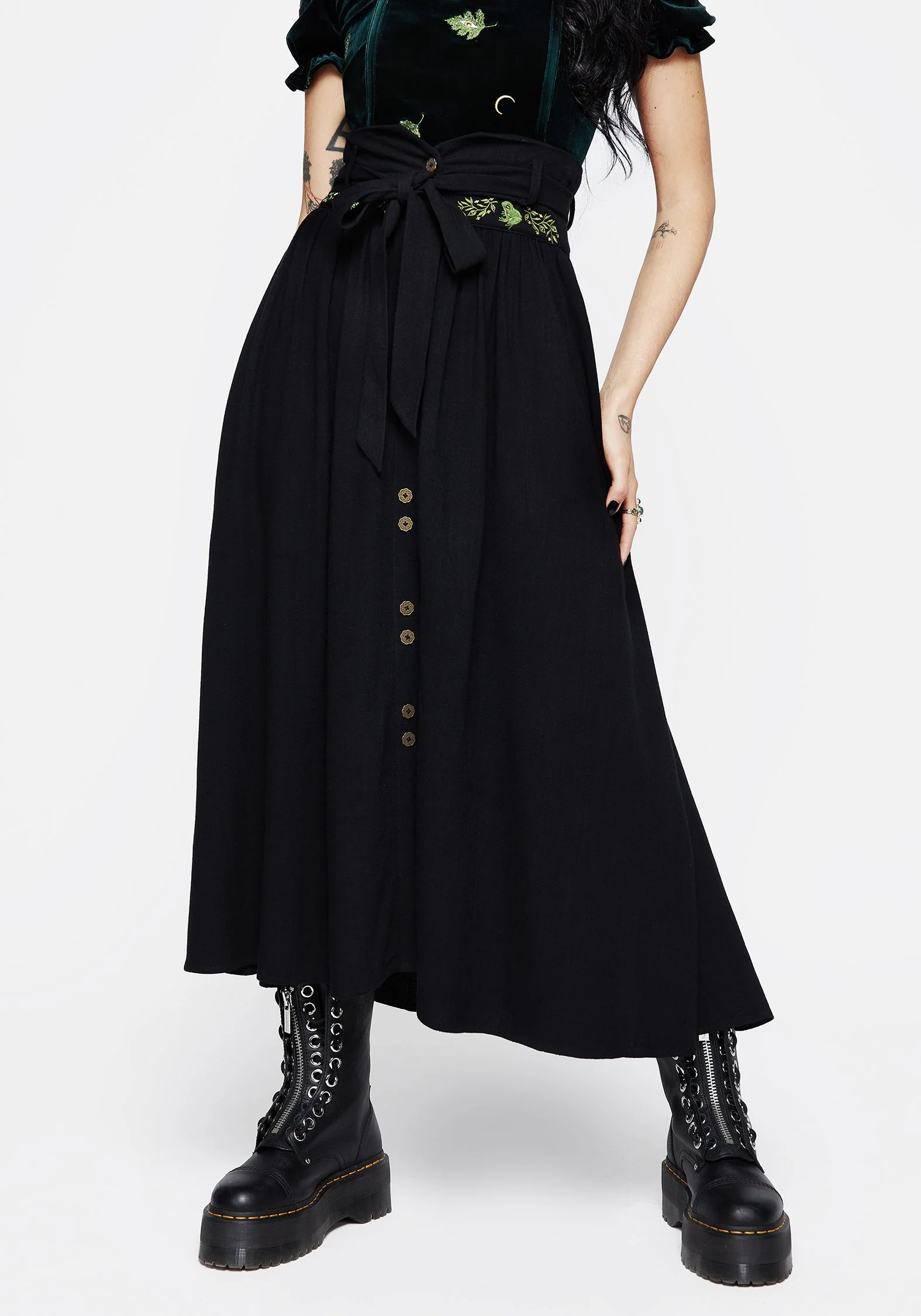 Swamplife Frosch Bestickt Leinen Mischung Hoch Taille Midaxi-Kleid - Image 5