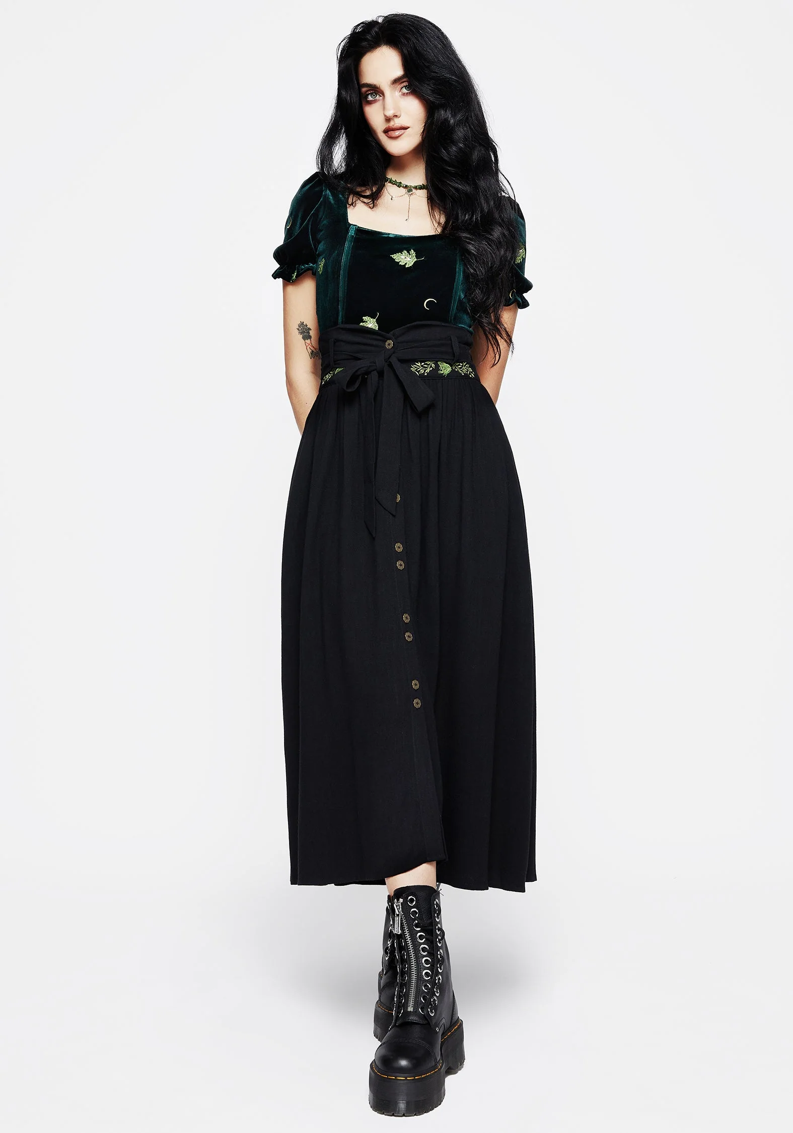 Swamplife Frosch Bestickt Leinen Mischung Hoch Taille Midaxi-Kleid - Image 7