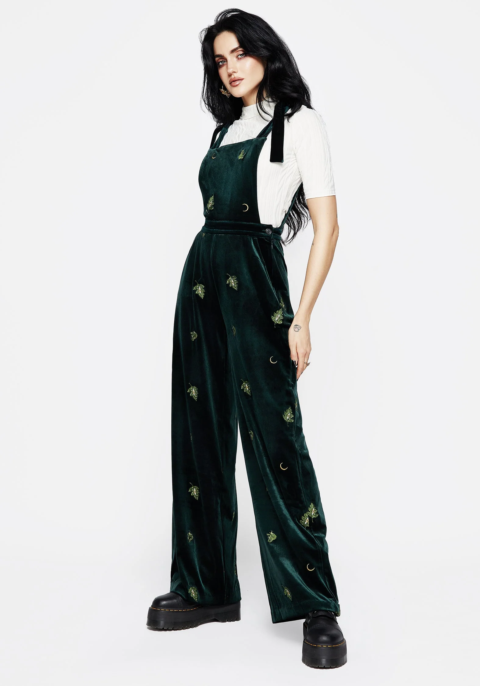 Swamplife Frosch Bestickt Velours Weit Bein Latzhose - Image 6