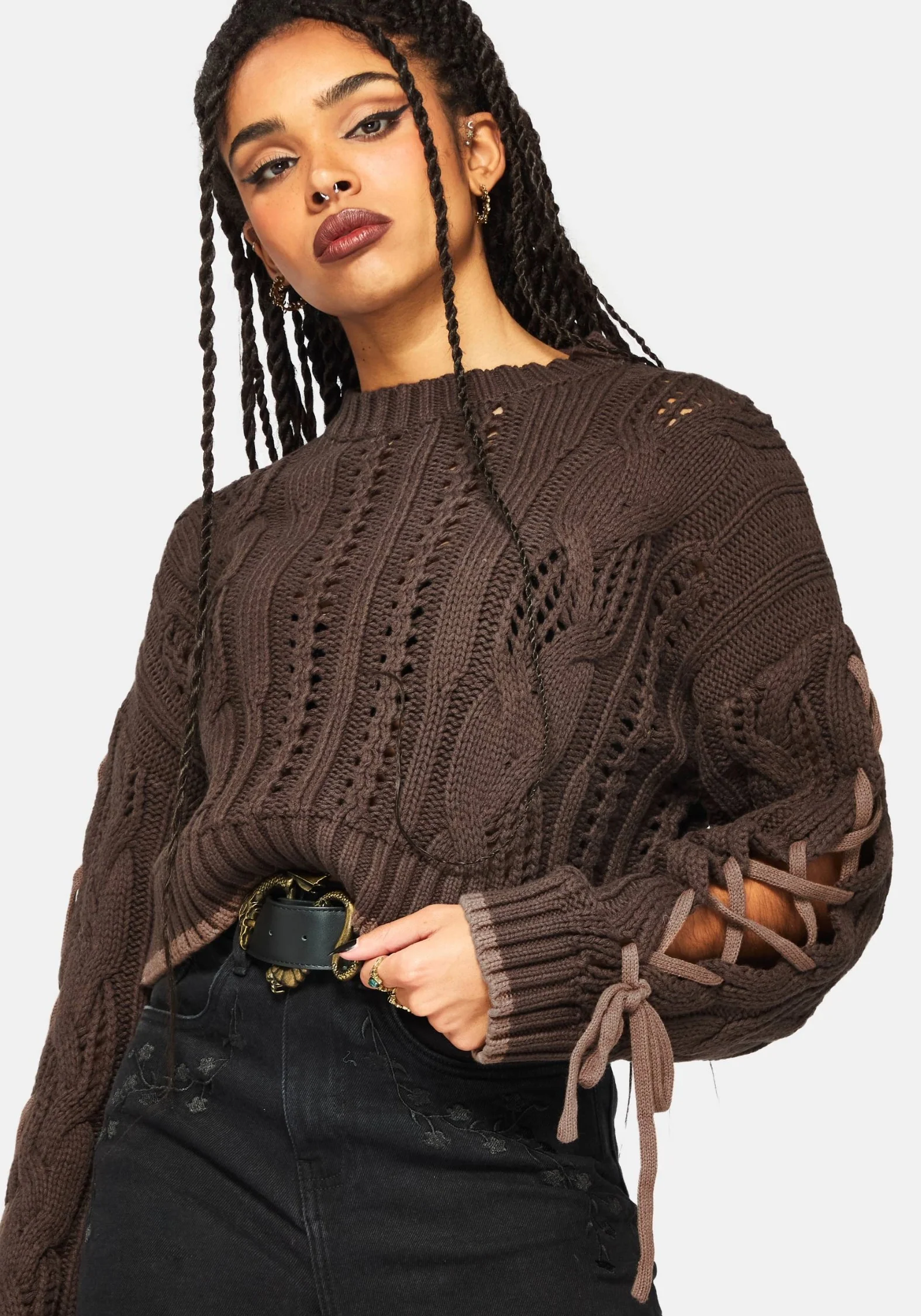 Sycamore Baumwolle Spitze Hoch Ärmel Zopf Gestrickt Kurz Pullover -