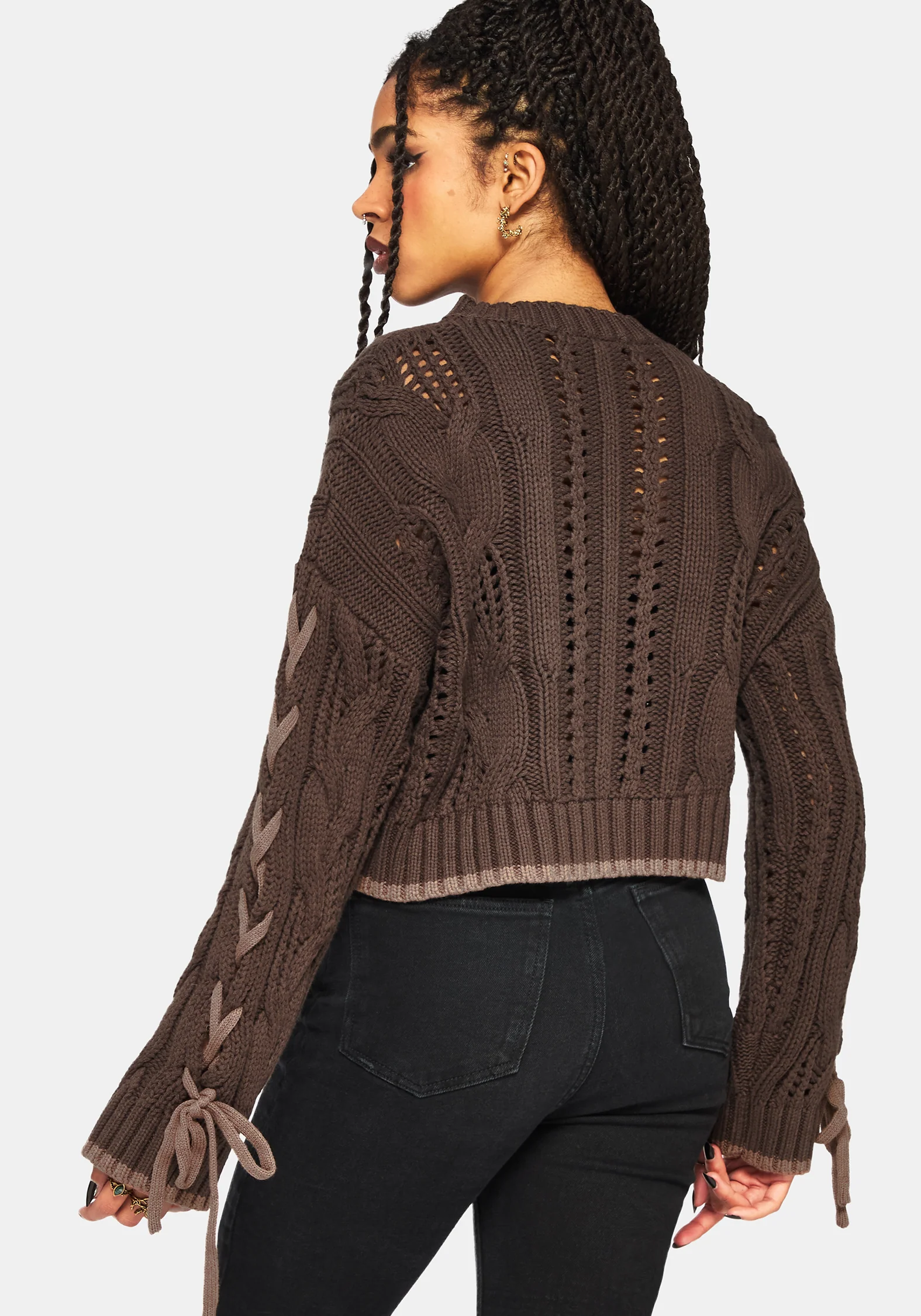Sycamore Baumwolle Spitze Hoch Ärmel Zopf Gestrickt Kurz Pullover - - Image 3