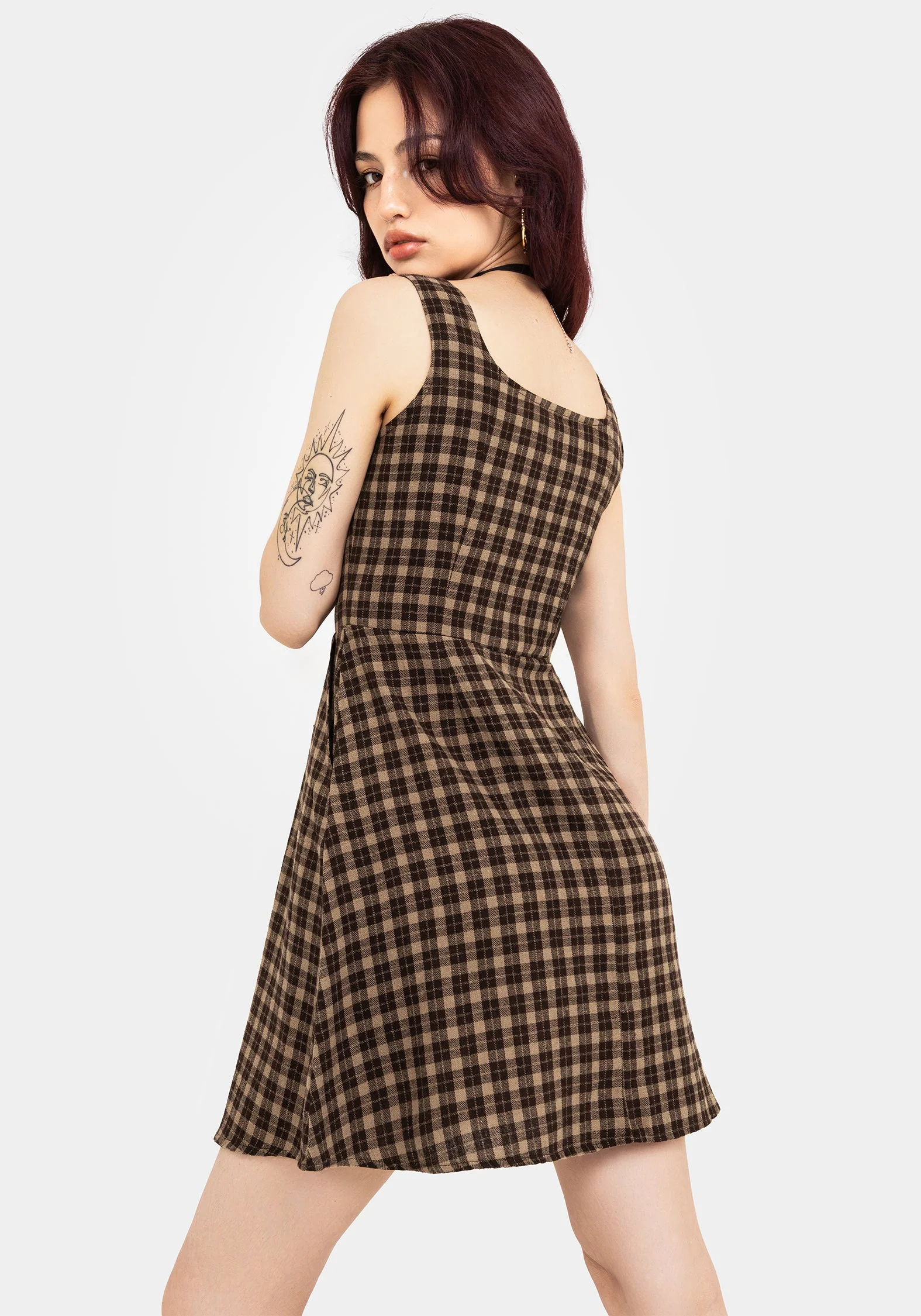 Terra Baumwolle Prüfen Ärmellos Knopf Hoch Mini Kleid - Braun - Image 3