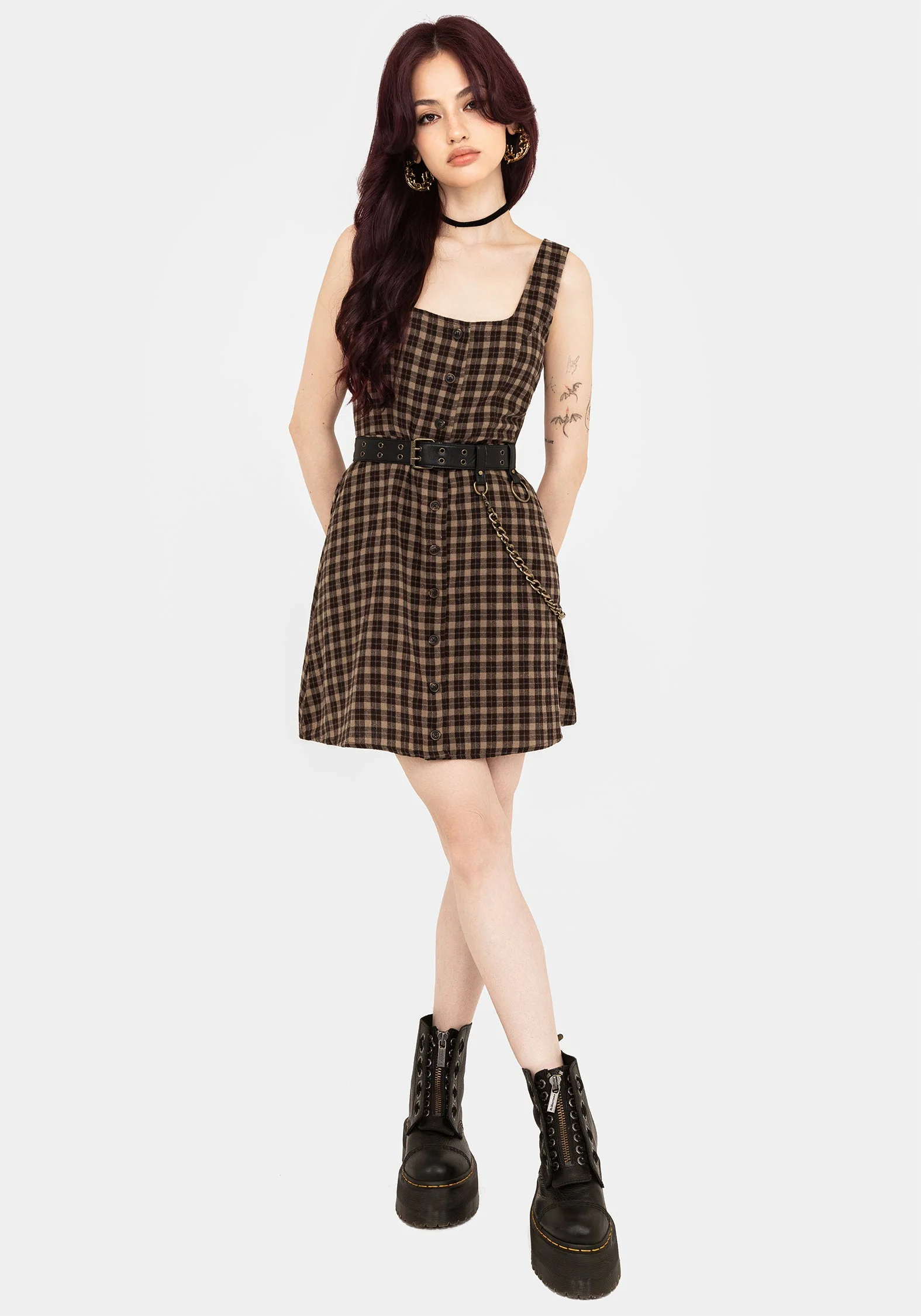 Terra Baumwolle Prüfen Ärmellos Knopf Hoch Mini Kleid - Braun - Image 4
