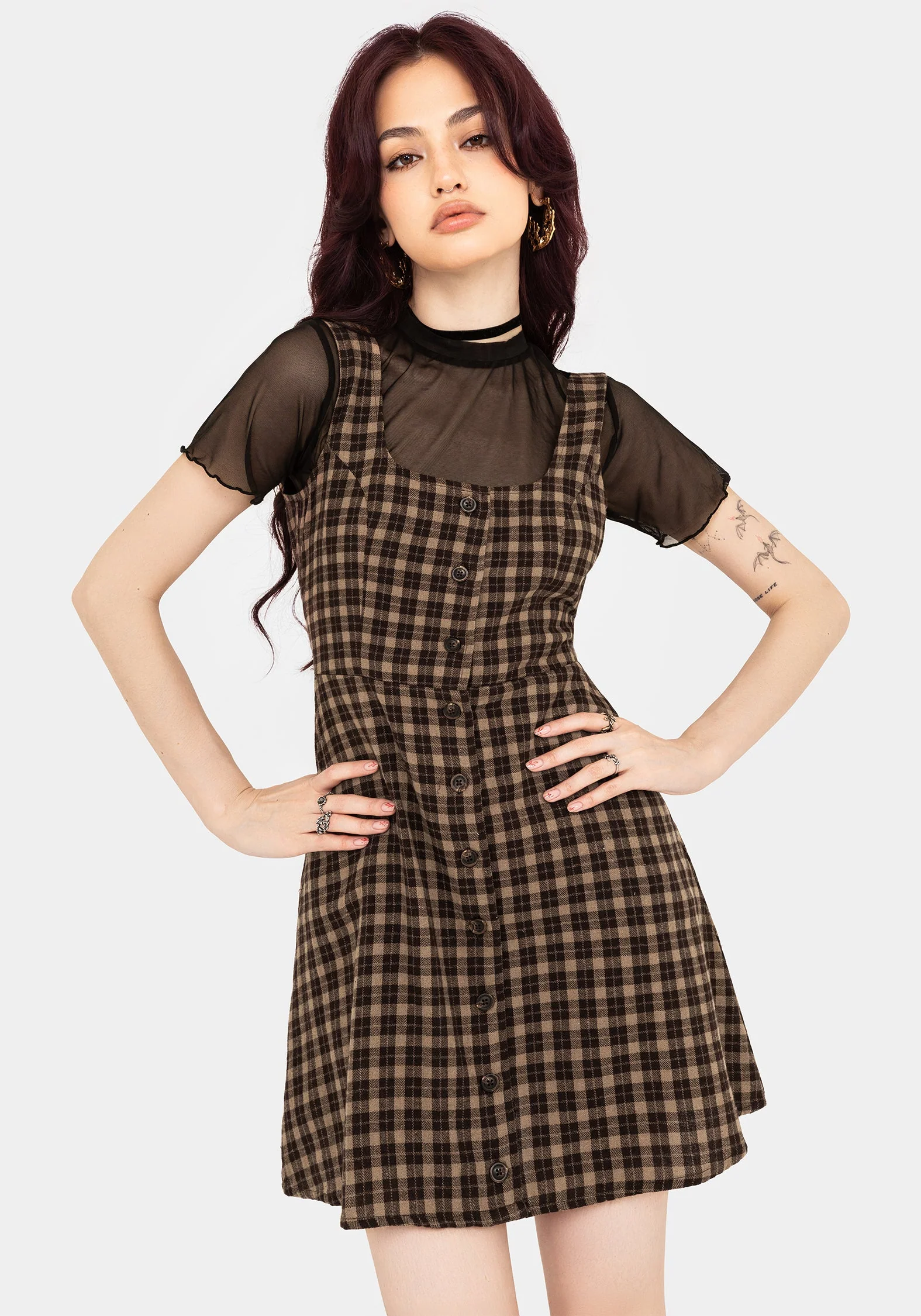 Terra Baumwolle Prüfen Ärmellos Knopf Hoch Mini Kleid - Braun - Image 6