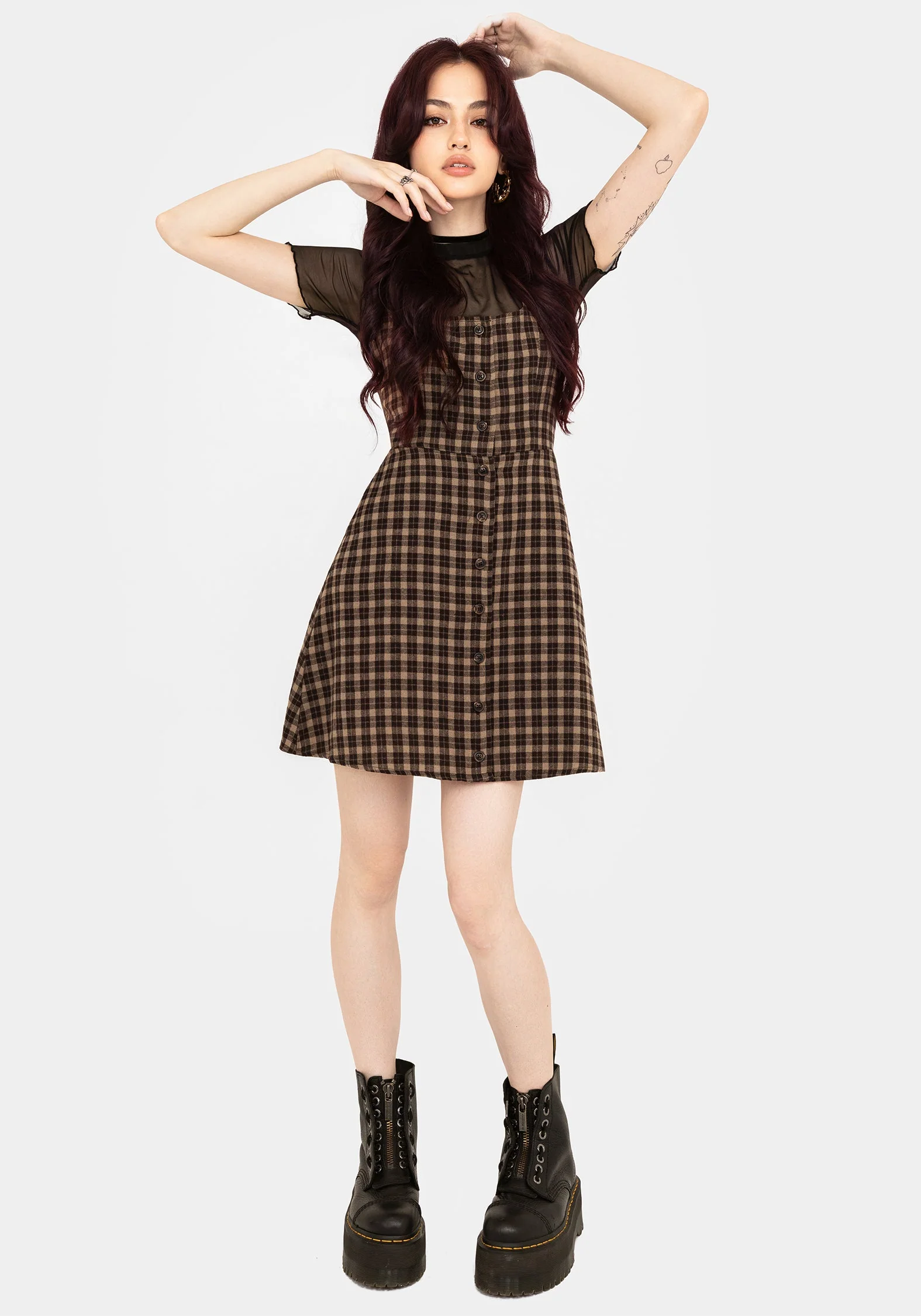 Terra Baumwolle Prüfen Ärmellos Knopf Hoch Mini Kleid - Braun - Image 8